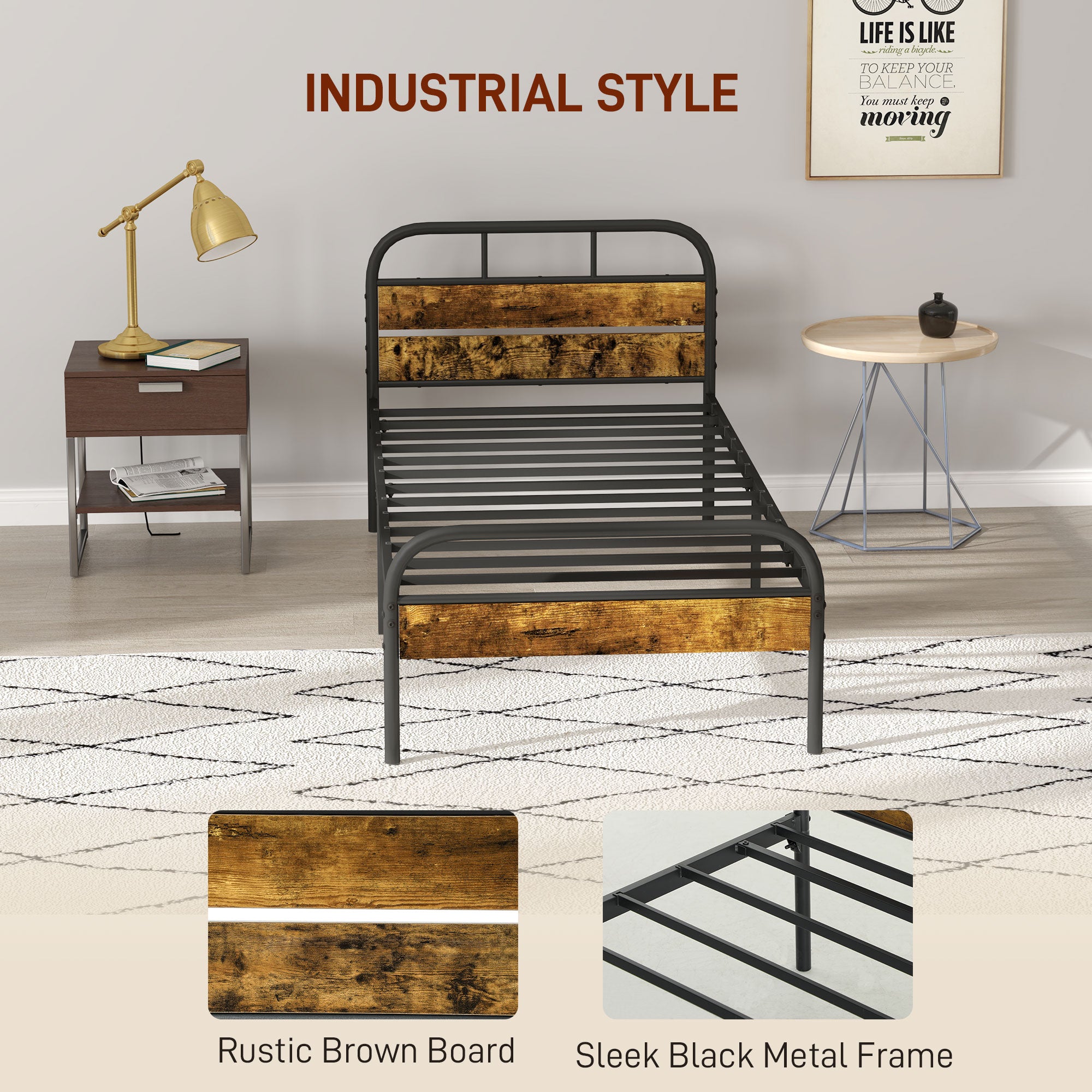 Industrial-Style Single Bed Frame - Black/Brown