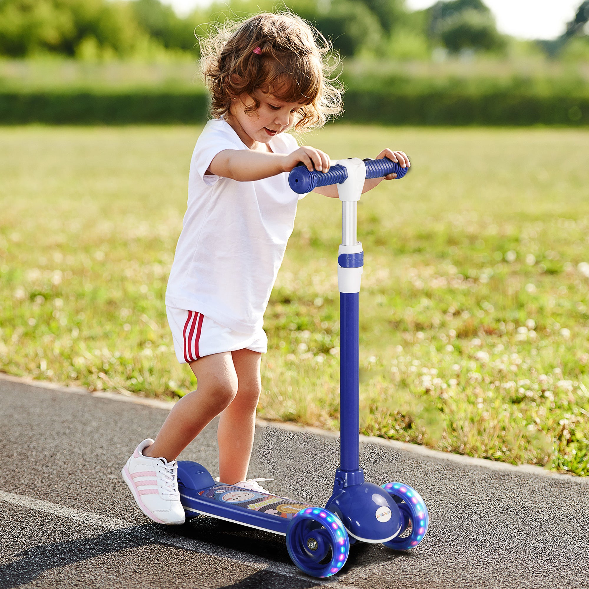 Kids 3 Wheel Scooter for 2-6 Years Old w/ Adjustable Height, LED Light, TPE Handlebar, Blue