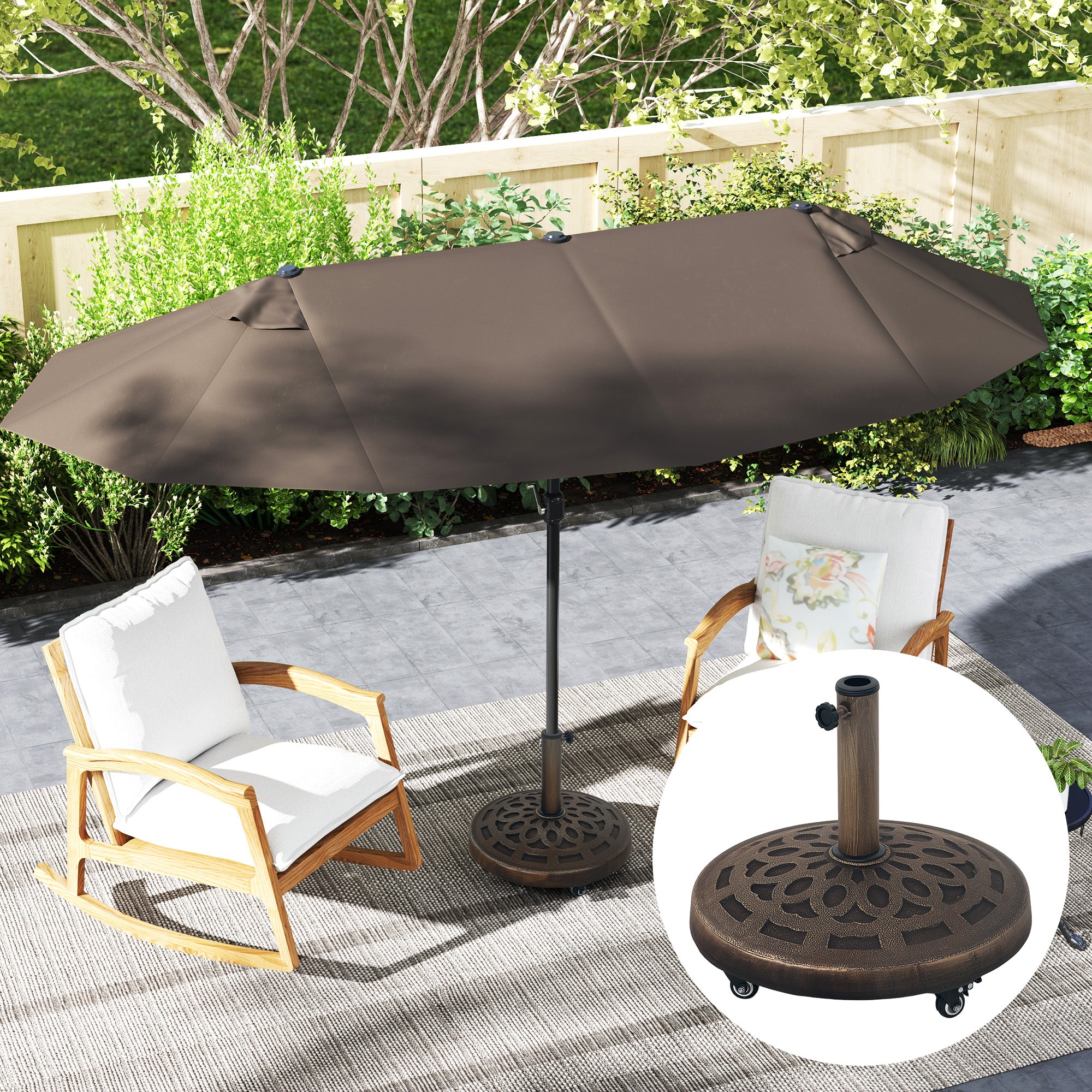 21kg Resin Garden Parasol Base with Wheels, Round Umbrella Stand, Heavy Duty Sun Umbrella Base for 34, 38, 48 mm Umbrella Poles for Deck Poolside, Bronze Tone