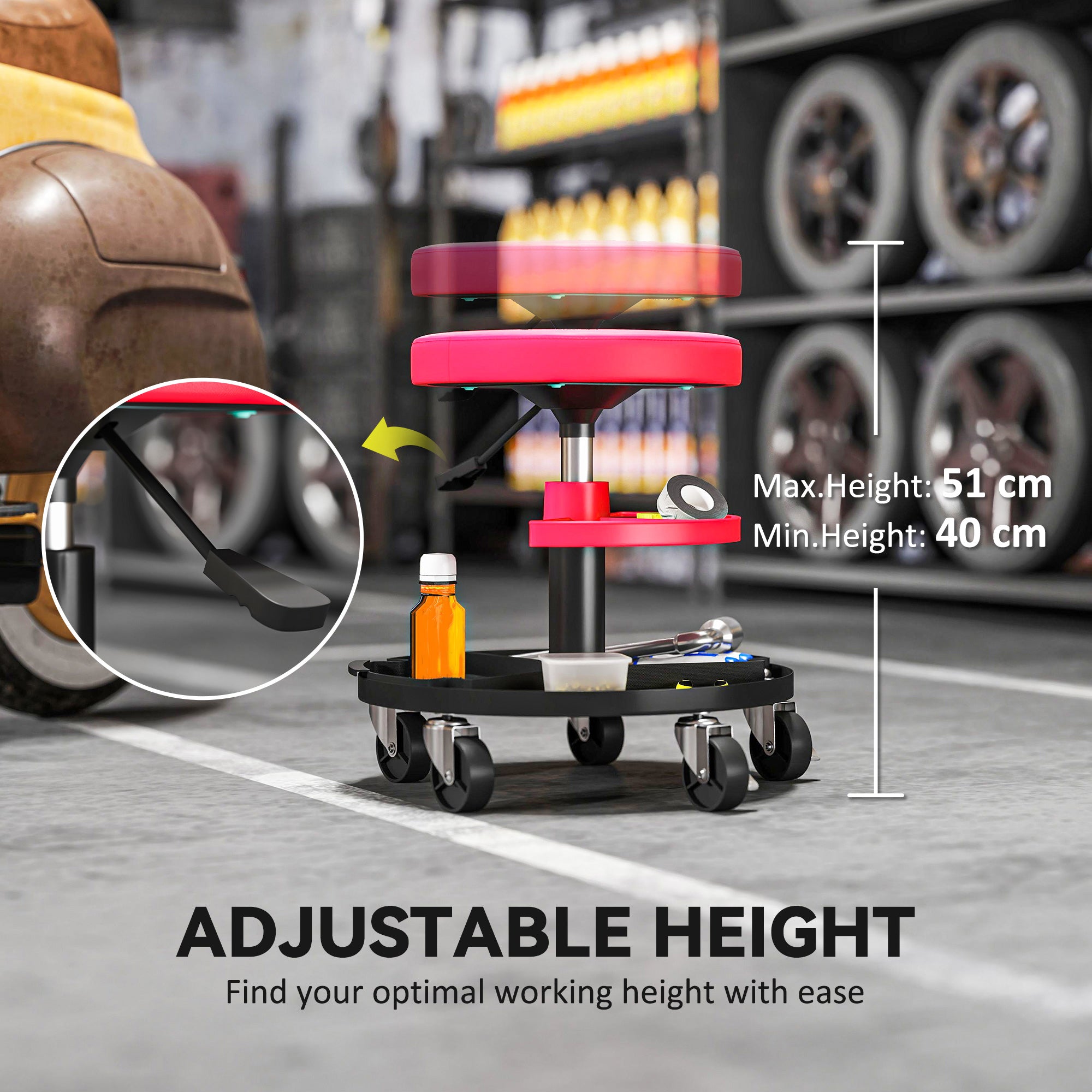 Rolling Mechanic Stool, 135kg Capacity Workshop Stool, 360° Swivel Roller Padded Creeper Seat with Wheels, Tool Trays Storage for Garage, Shop, Auto Repair, Red