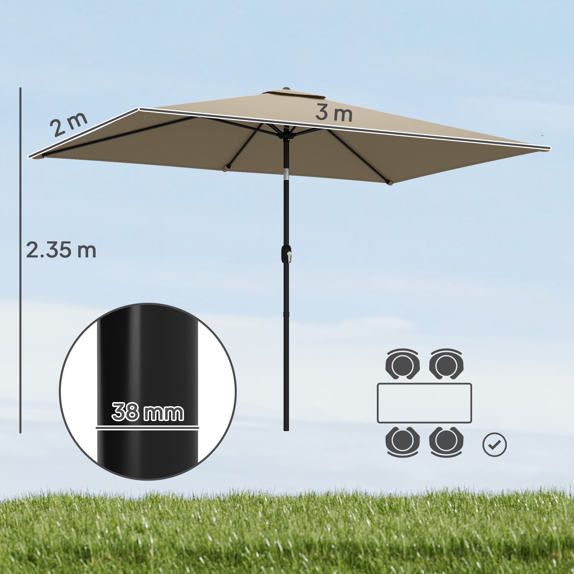 Garden Parasol, Parasol Umbrella with Crank Handle, Tilt Function, Polyester Canopy, Khaki