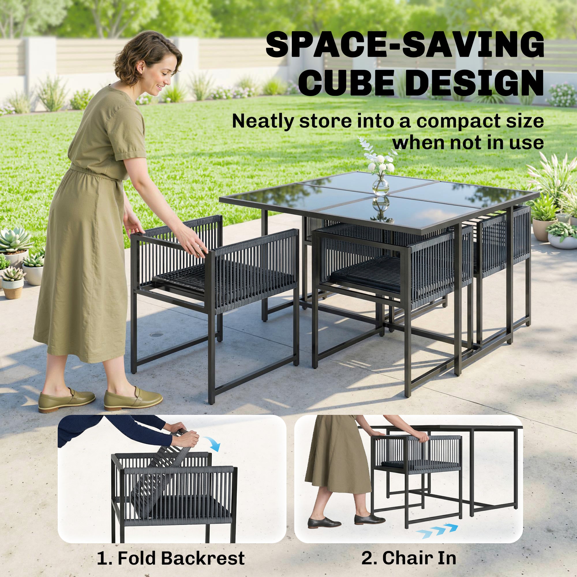 5 Pieces Garden Dining Set, Outdoor Patio Cube Set, 4 Seater Outdoor Table and Chairs with Foldable Backrest, Dark Grey