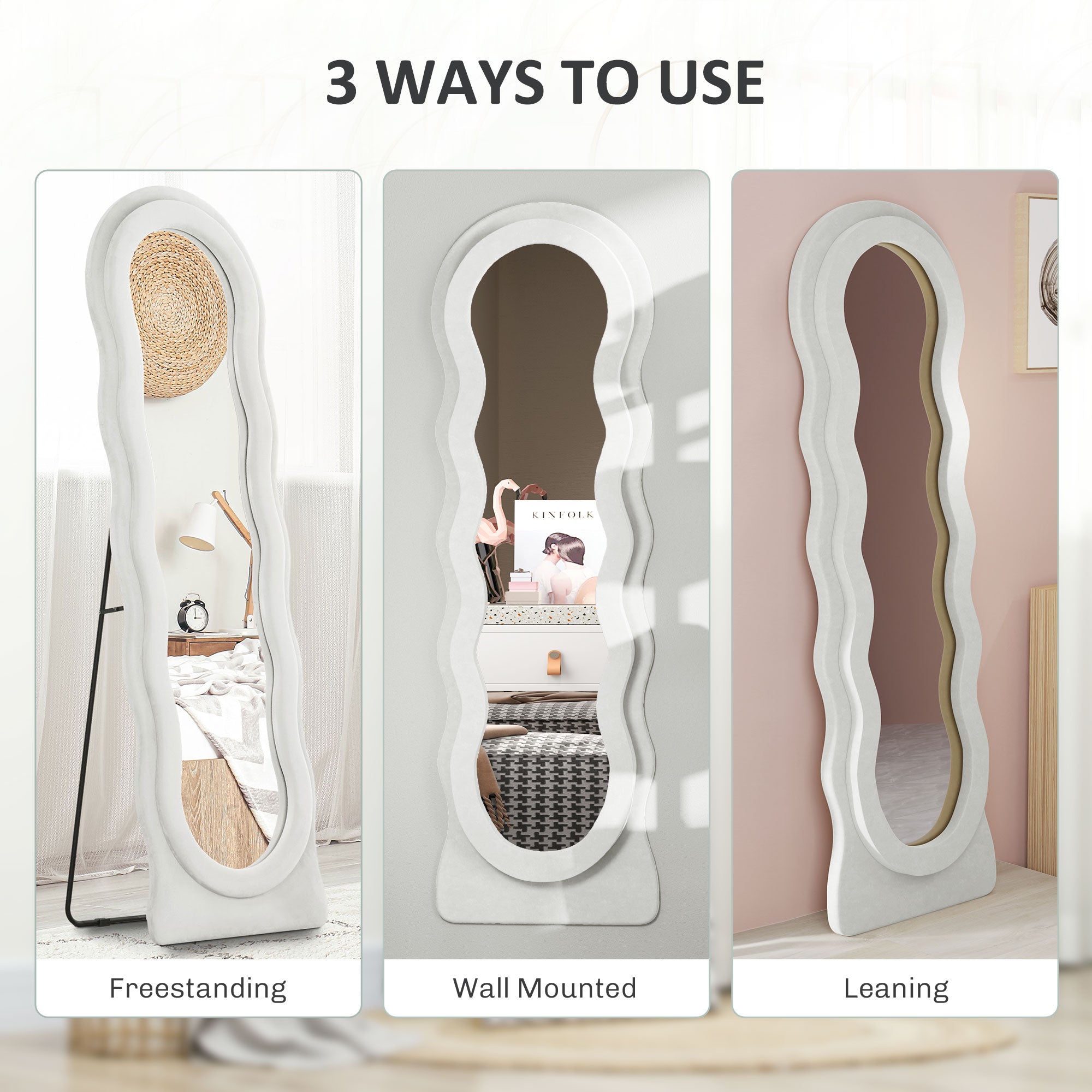 Wavy Velvet-Feel Full Length Mirror - White