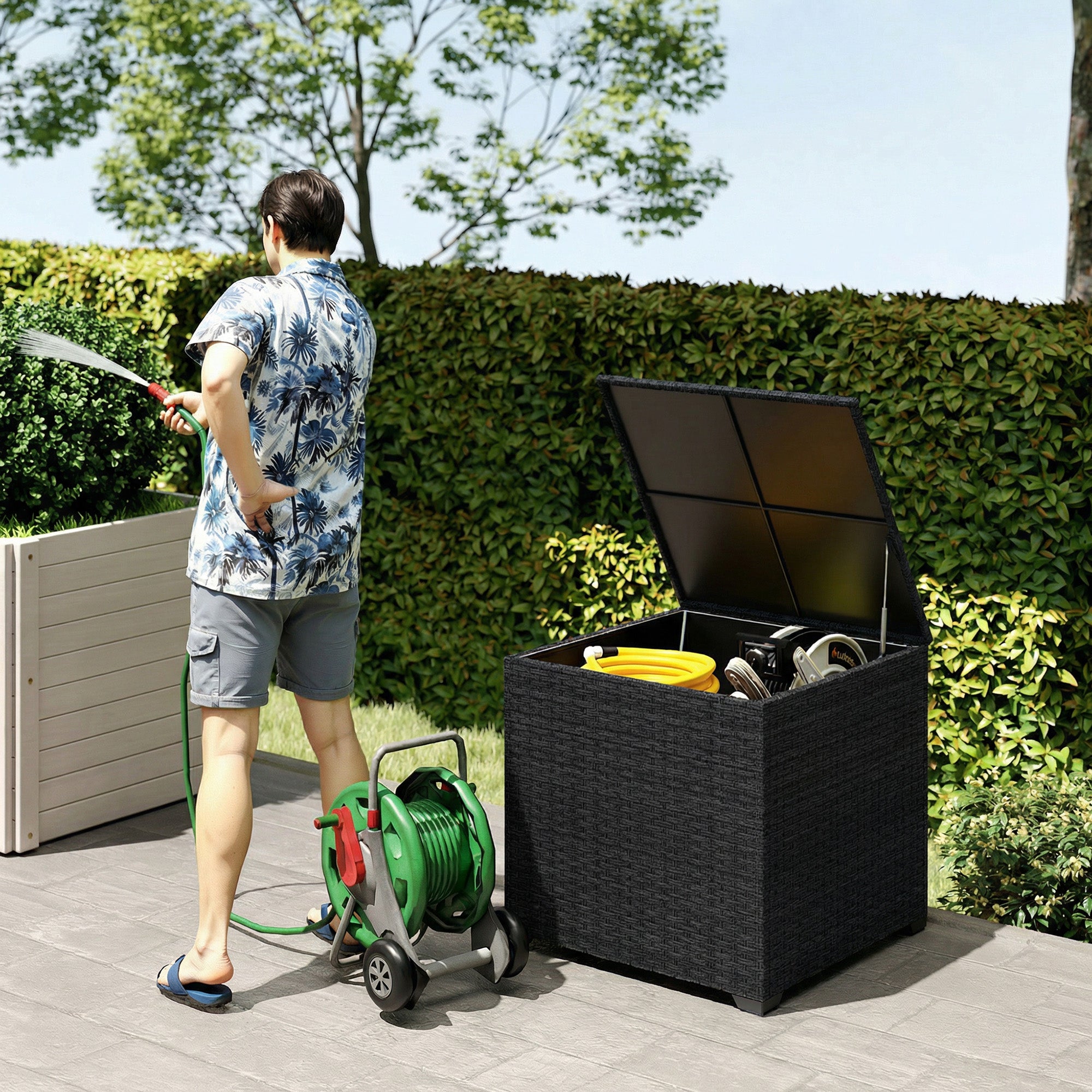 253L Garden Storage Box, Rattan Deck Box with Zipped Liner, Safe Pneumatic Rod, Patio Storage Container, Black