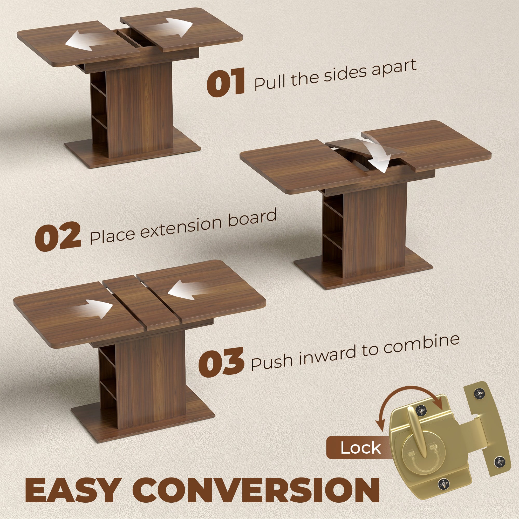 Extendable Dining Table for 4-6 People, 110-130cm Kitchen Table with 6 Open Shelves, Walnut Brown