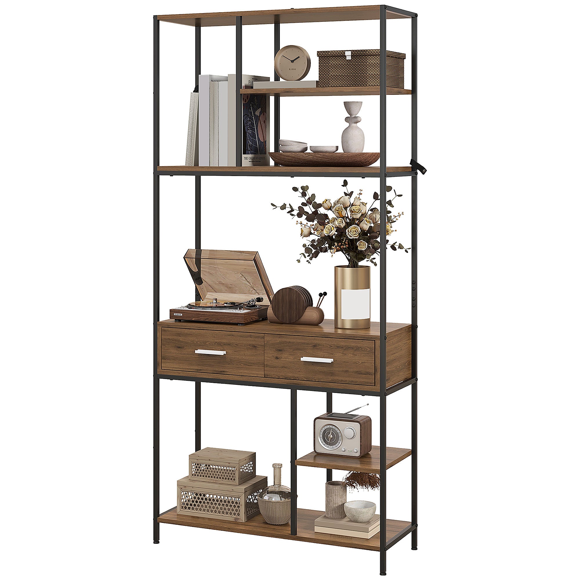 Seven-Shelf Industrial Display Shelf, with Drawers - Brown/Black