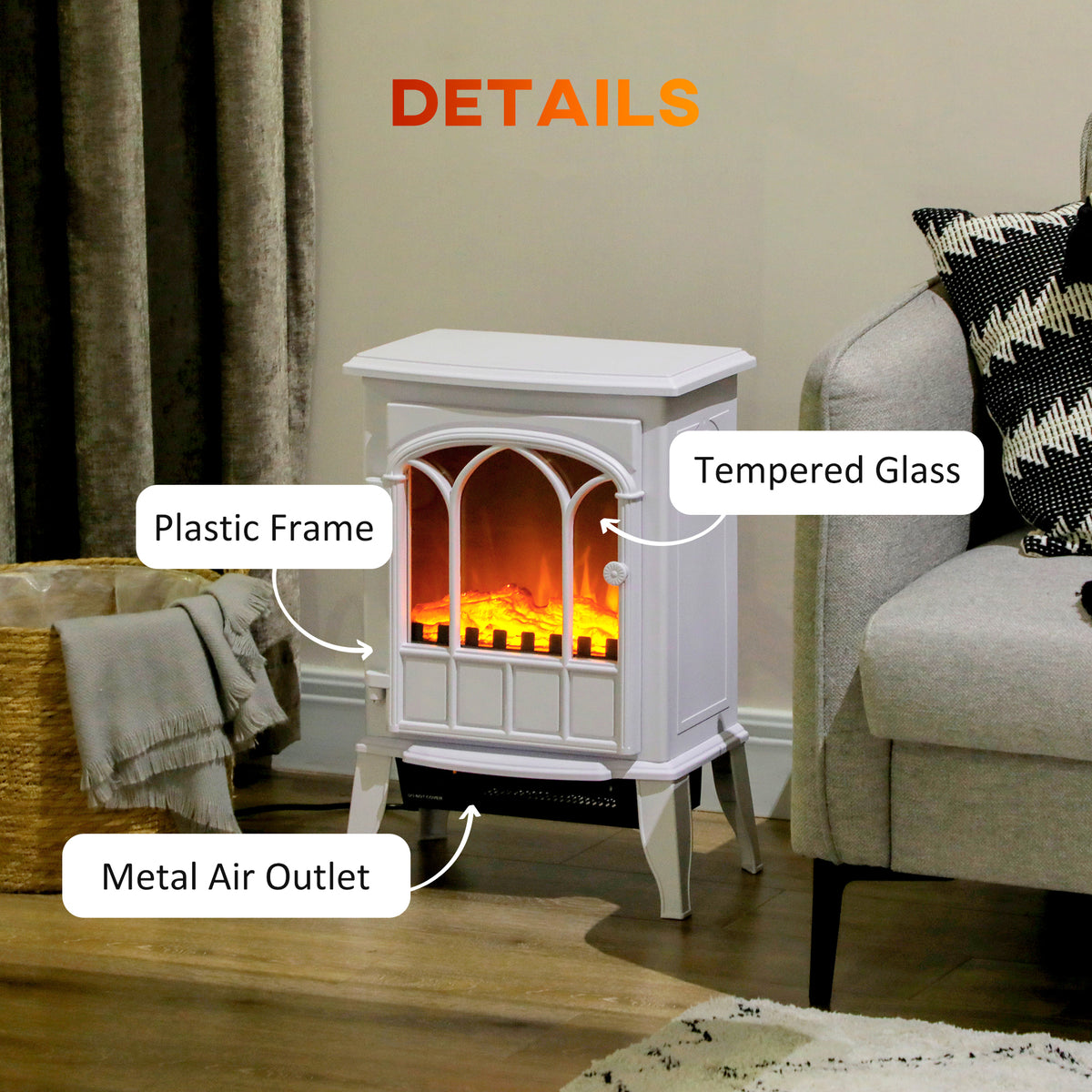 Freestanding Electric Stove Heater with LED Flame Effect, Overheating Safety, 1000W/2000W - White