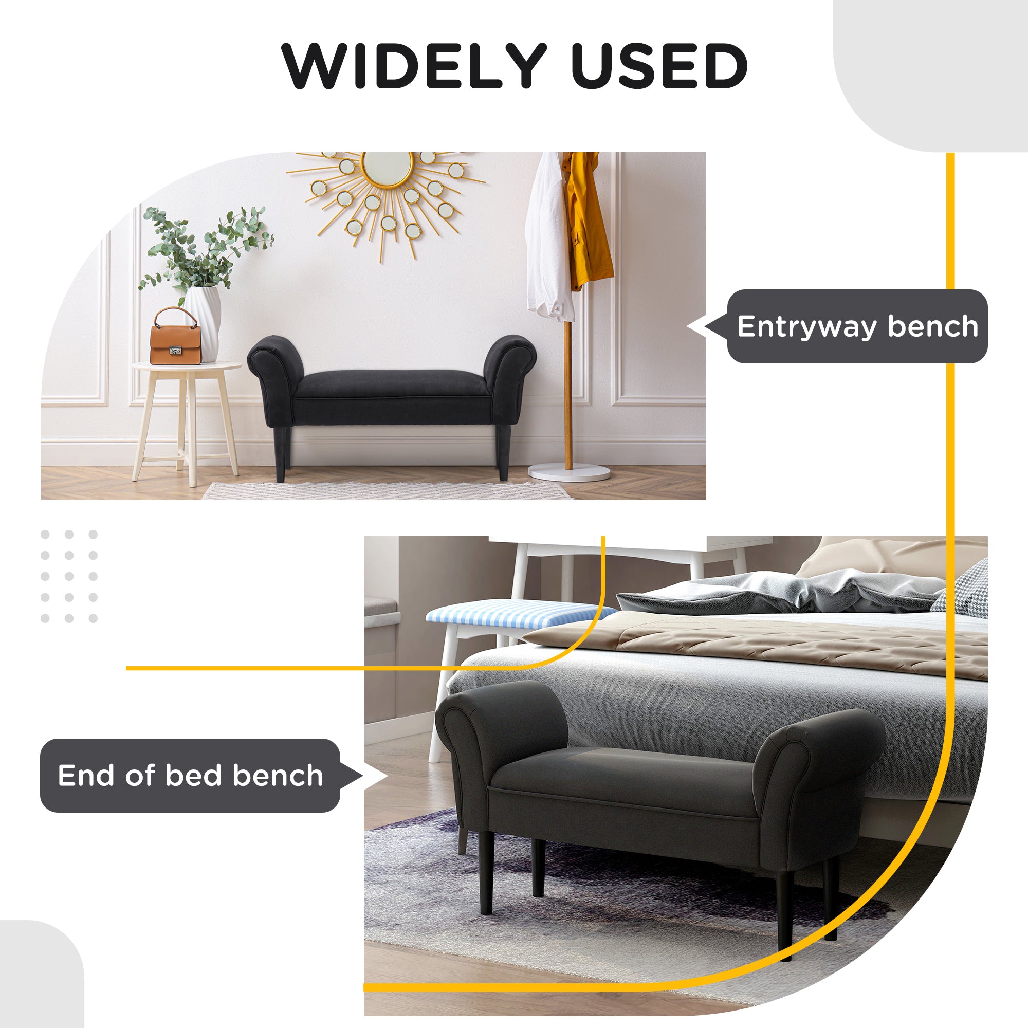 Small-sized Bed End Side Chaise Lounge Sofa Window Seat Arm Bench Wooden Leg Fabric Cover (Black)