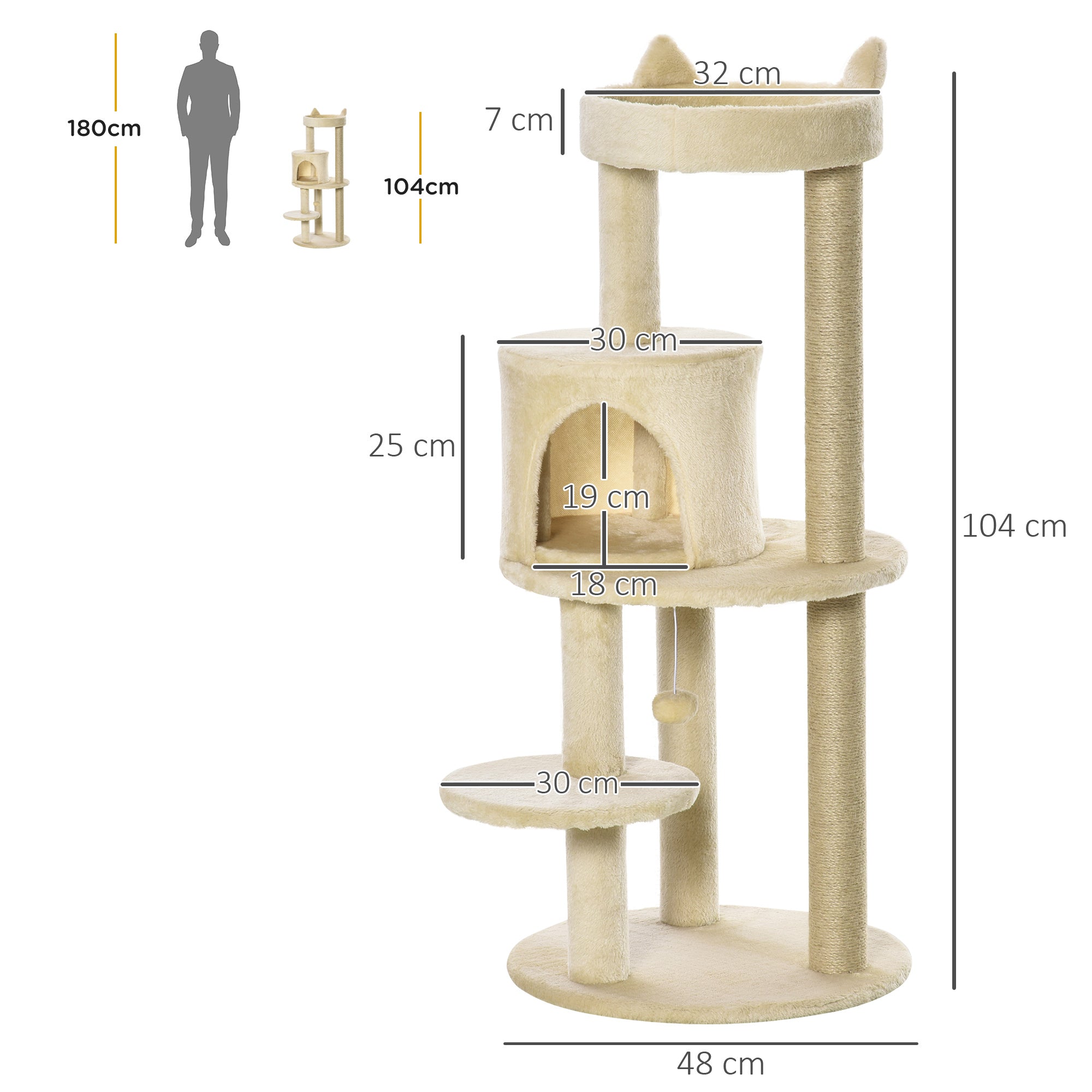 104 cm Cat Tree, Cat Condo Tree Tower, Cat Activity Centre with Scratching Posts, Plush Perch, Hanging Ball - Cream White