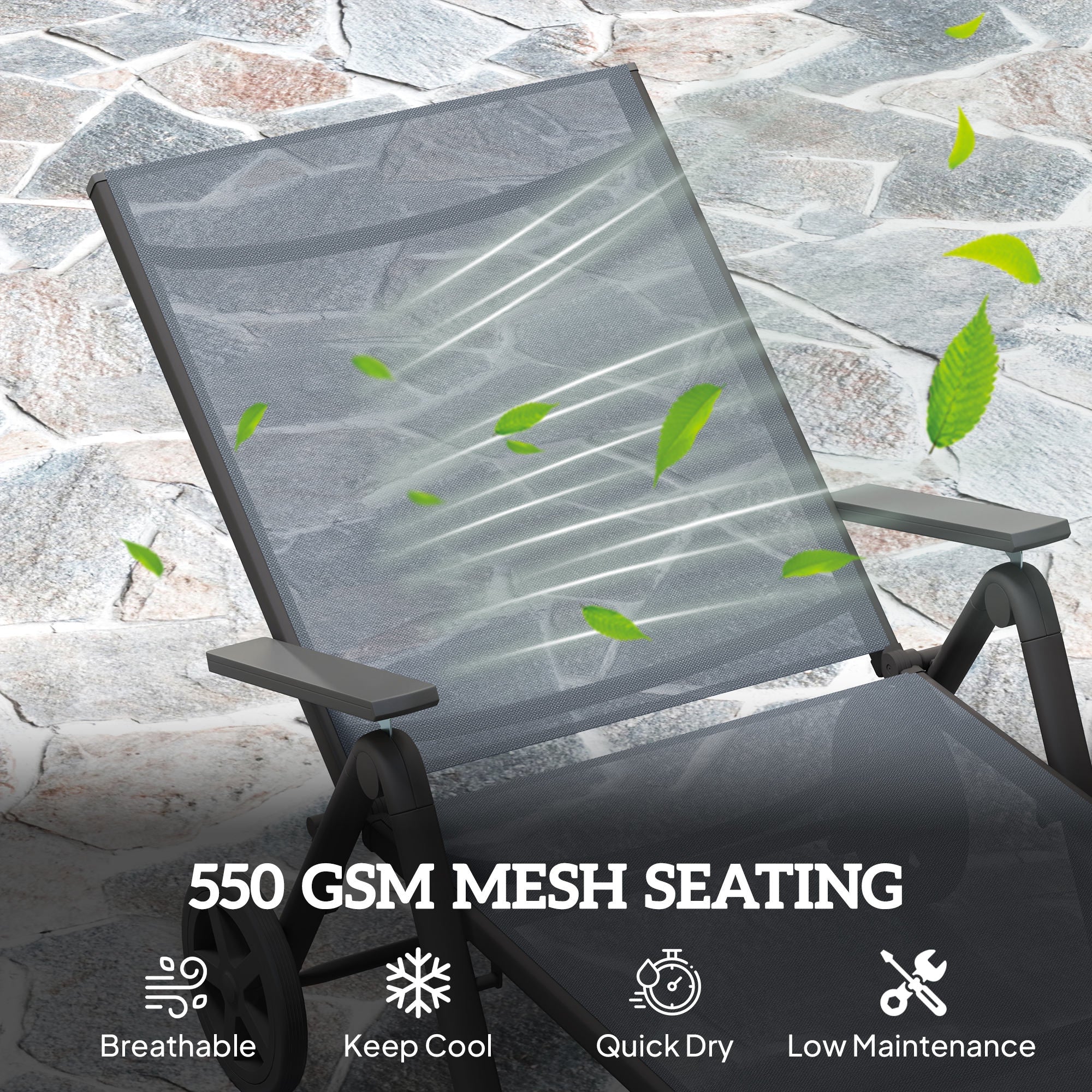 Folding Sun Lounger with Wheels and Adjustable Backrest - Grey