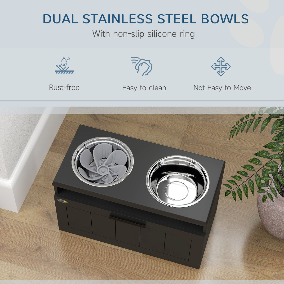 Raised Slow Feeder Dog Bowl with Two Stainless Steel Bowls and Drawer for Large & Extra Large Dogs - Black