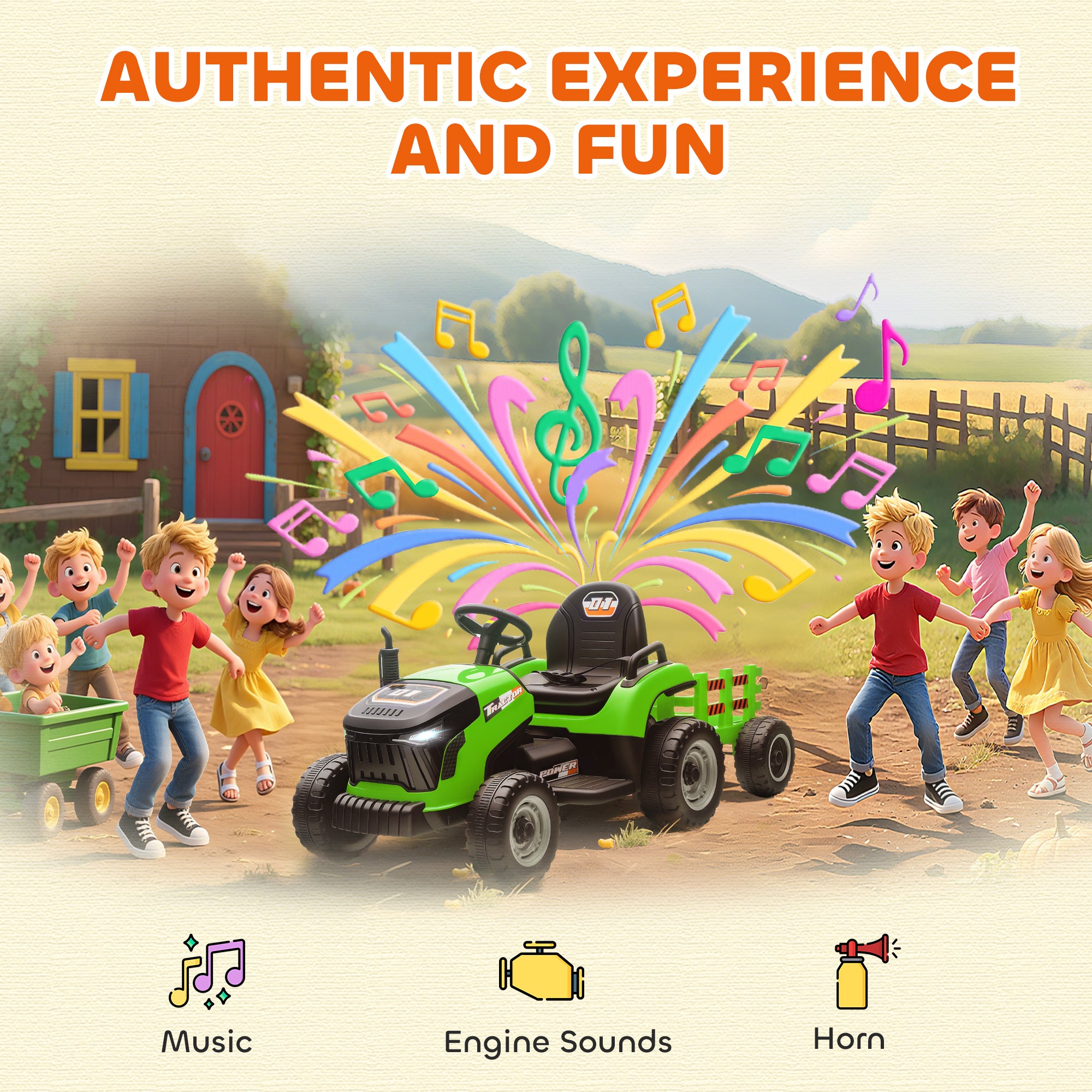12V Ride on Tractor and Trailer with Remote Control, Music, Shifter, Start-Up Sound, for Kids Ages 3-8 Years, Green