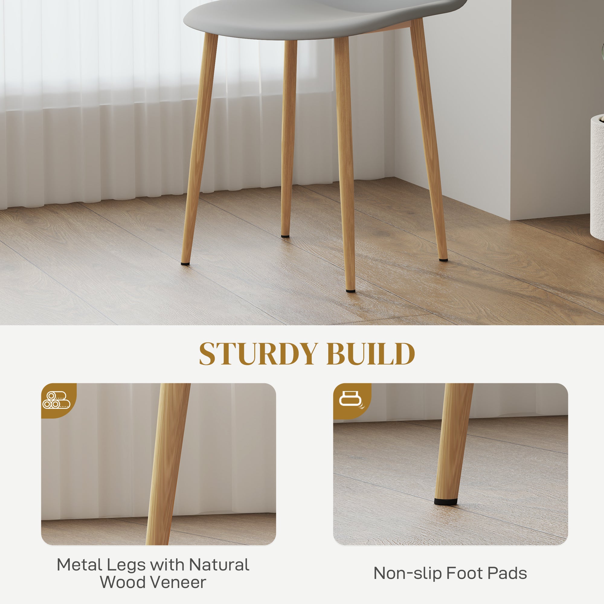 Modern Dining Chairs Set of 4, Kitchen Chairs with Backrest and Steel Legs for Dining Room, Living Room, Grey