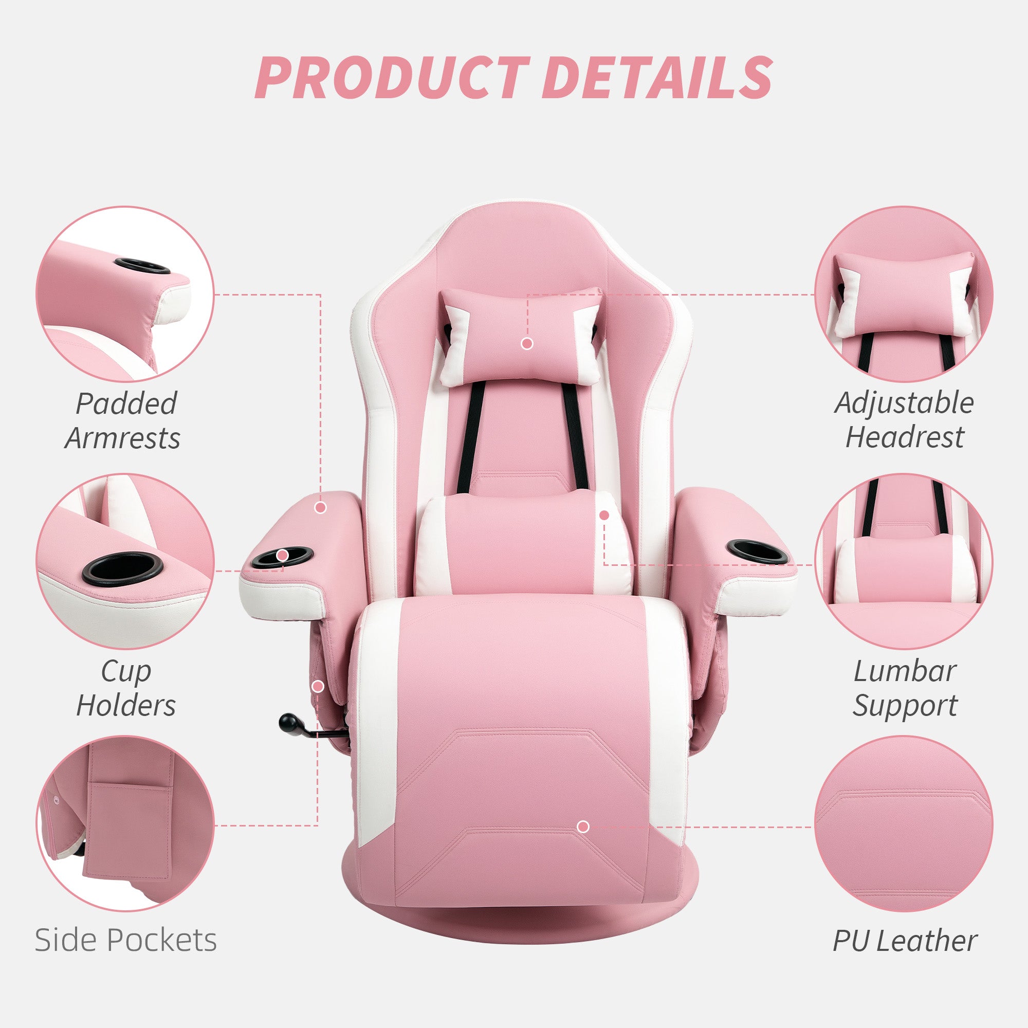 Manual Recliner Armchair with Adjustable Leg Rest, 135° Recline & 360° Swivel - Pink
