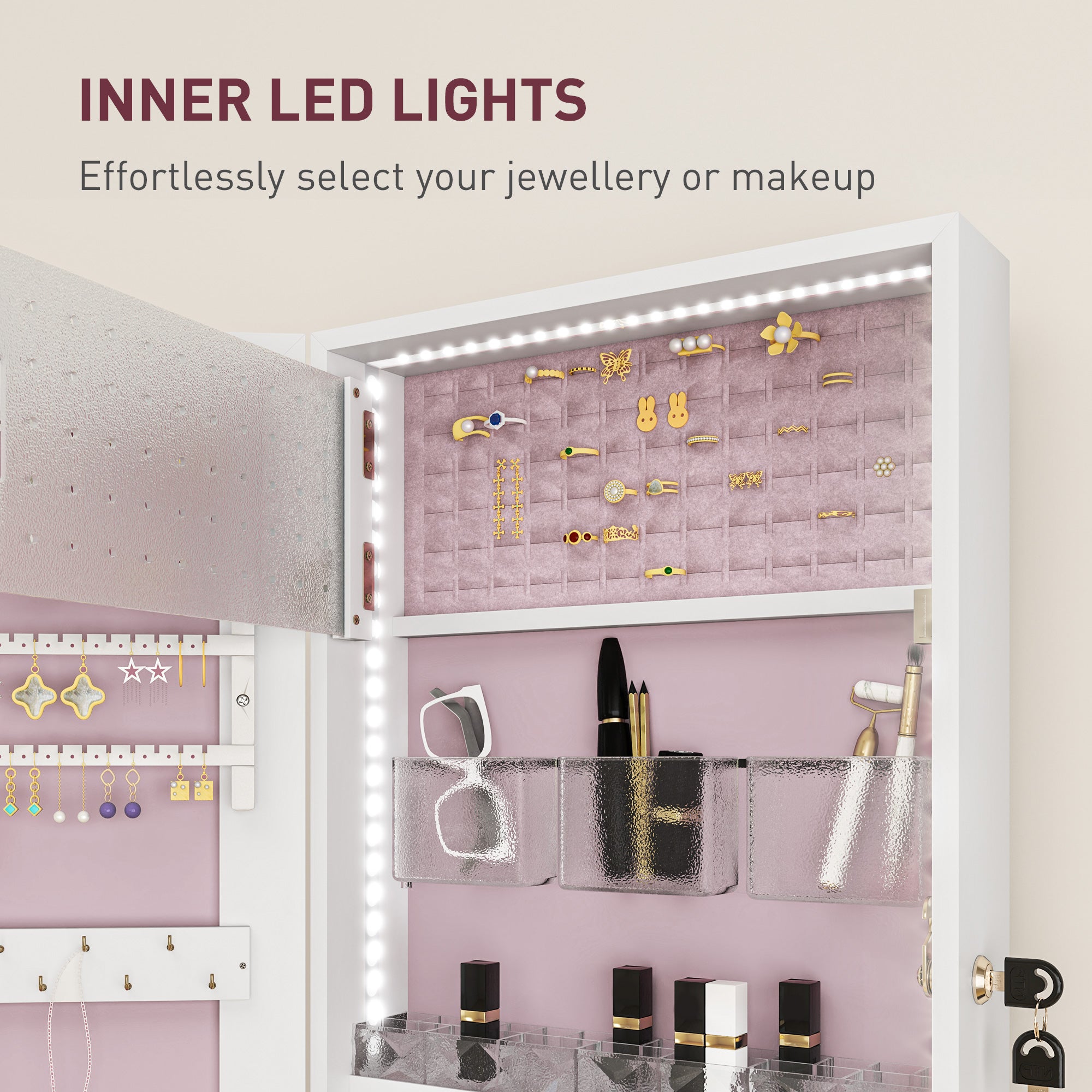 108 x 37cm Lockable Jewellery Cabinet, with LED Lights - White Surface and Pink Lining