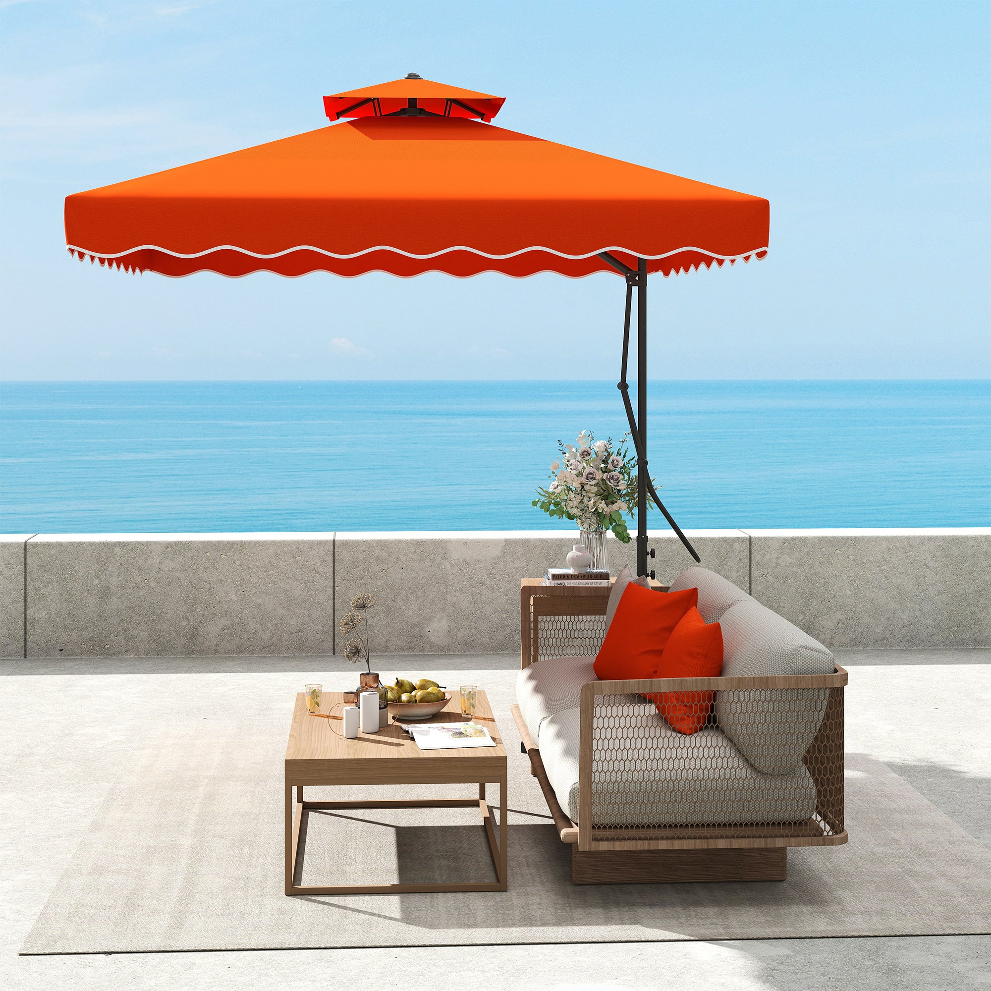2.5m Cantilever Parasol with Easy Lever, Square Double Top Garden Parasol Umbrella with Ruffles and Cross Base, Overhanging Outdoor Sun Shades, Orange