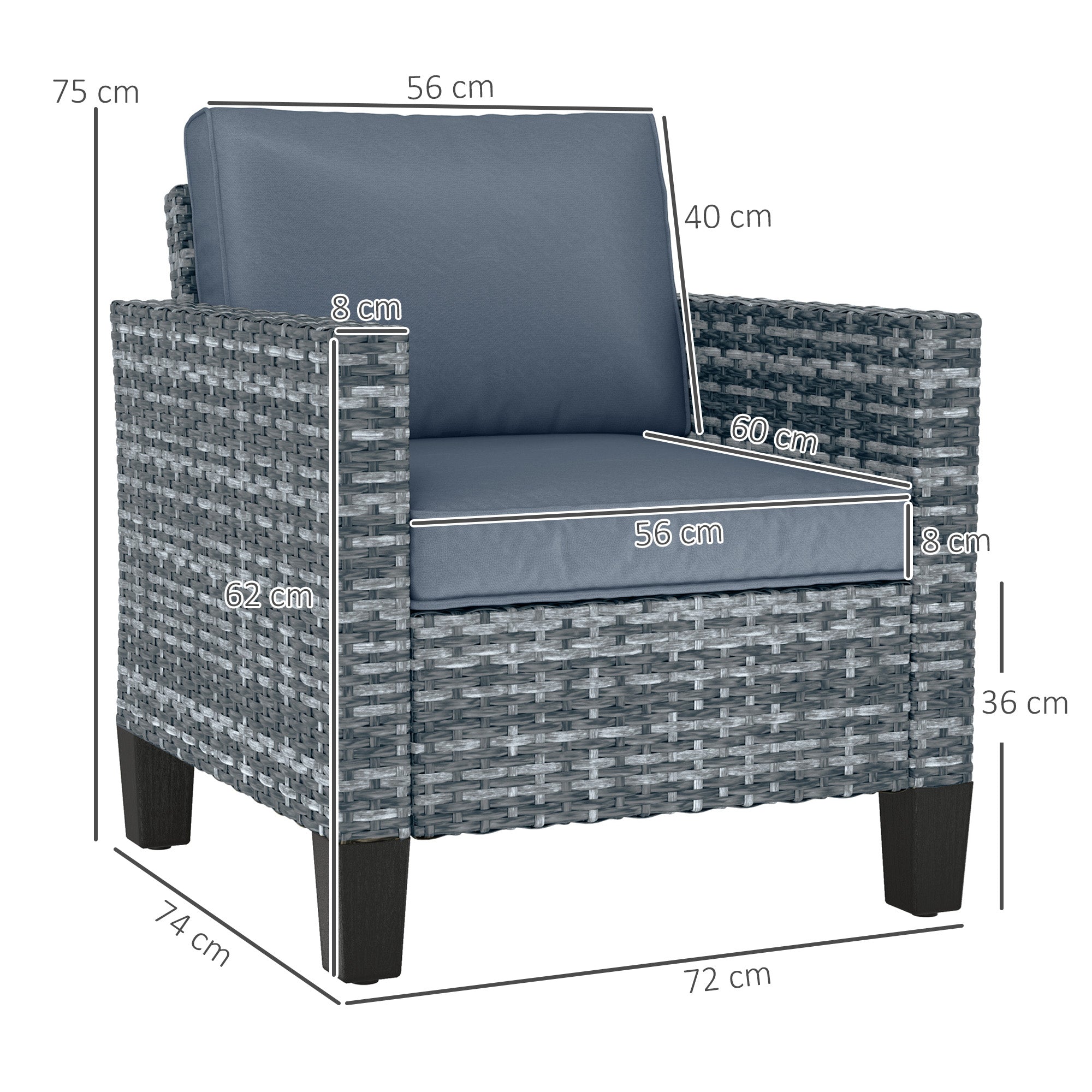 Single Rattan Armchair with Cushions for Outdoor Seating - Light Grey