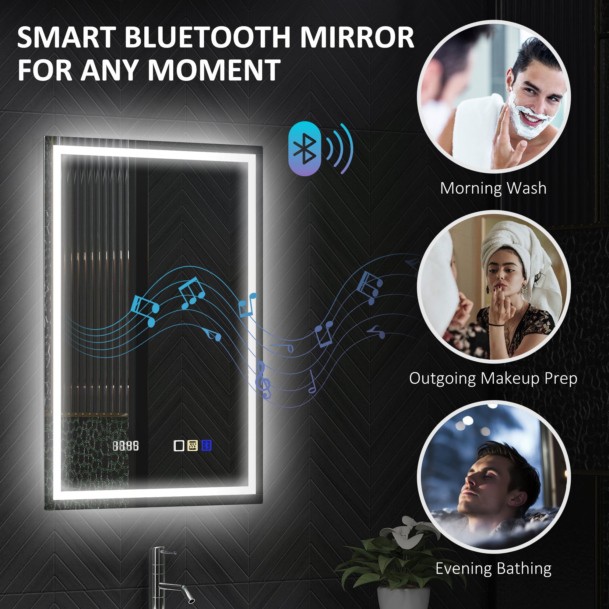 50 x 70 cm Anti-Fog LED Bathroom Mirror, with Bluetooth and Clock - Silver Tone