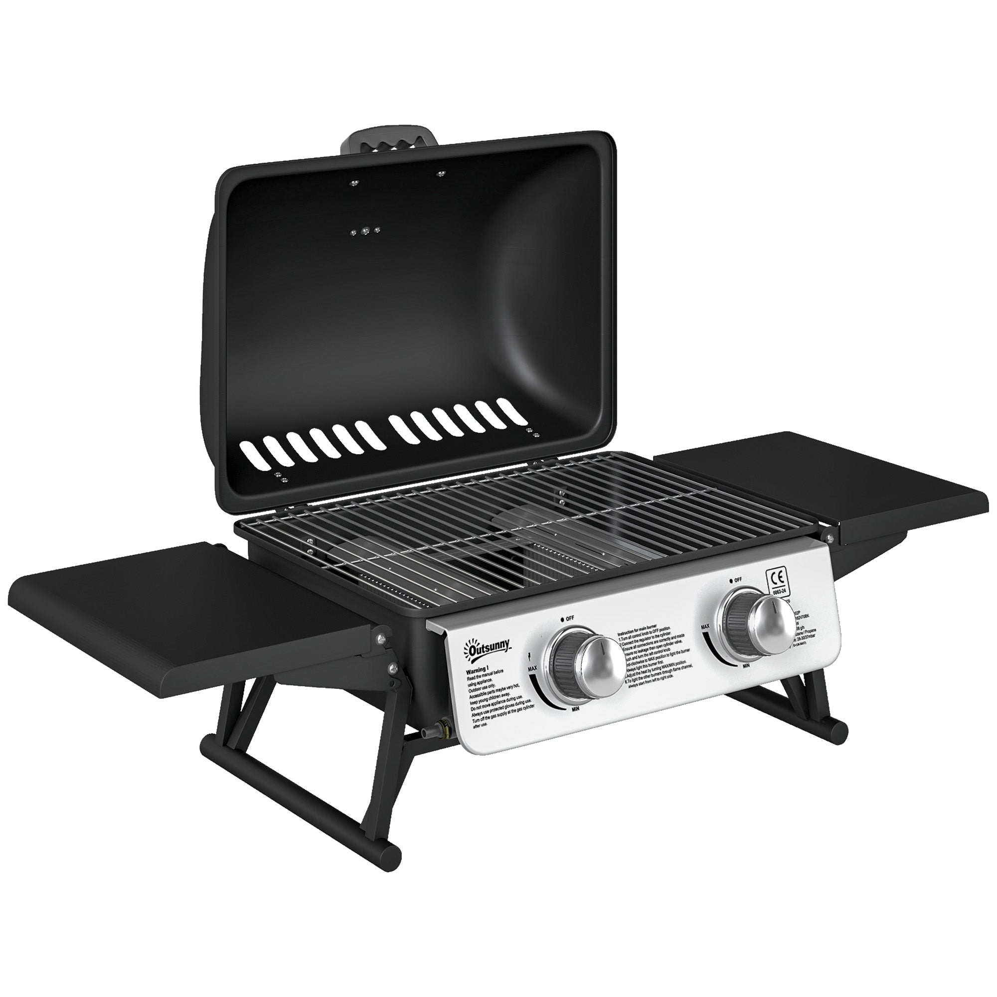 Two-Burner Compact Gas Grill with 2 Folding Side Shelves - Black
