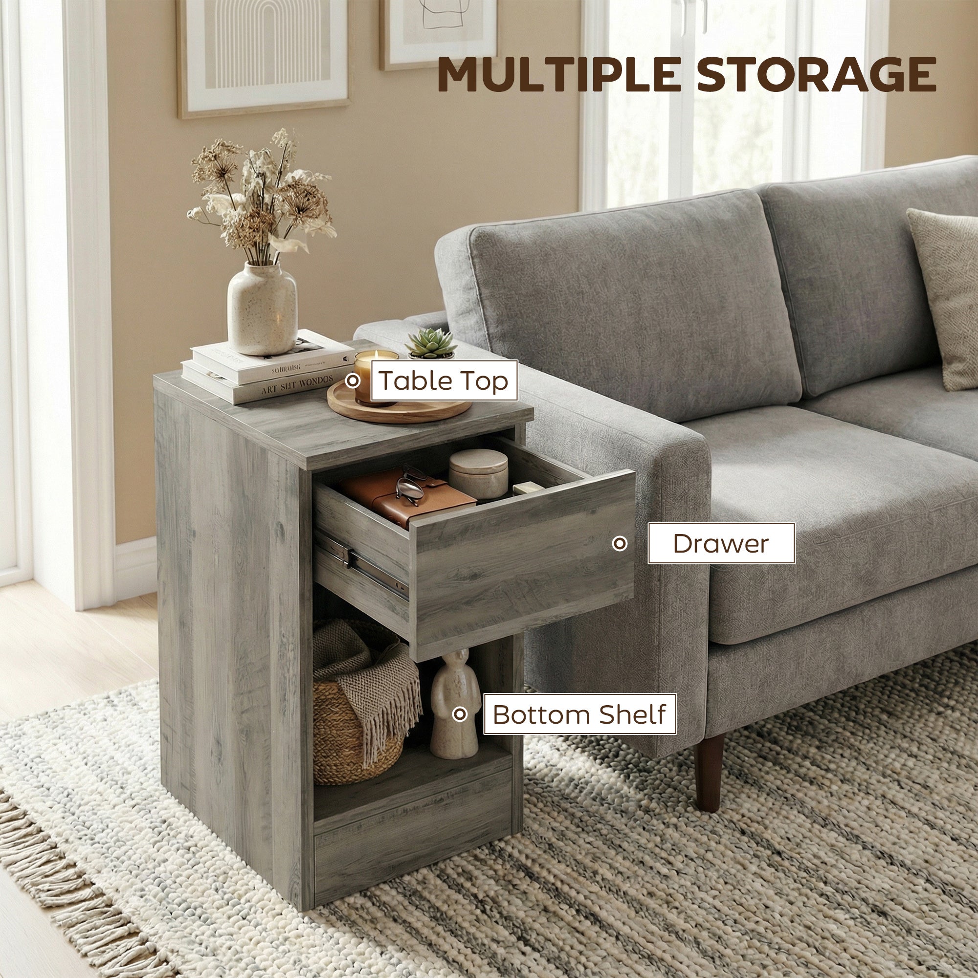 Set of Two Modern Storage Bedside Tables - Grey