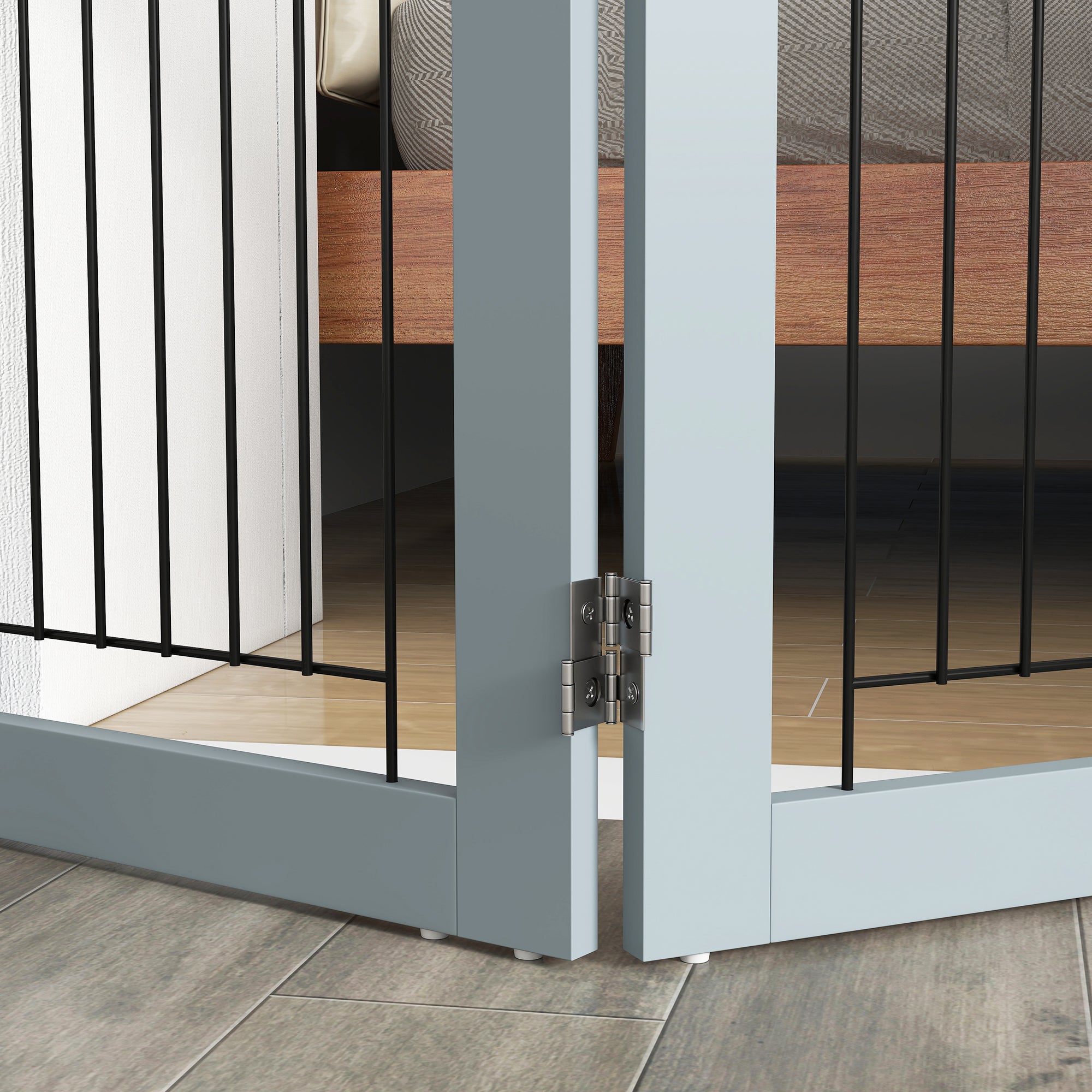 Foldable Three-Panel Pet Gate with Two Support Feet - Grey