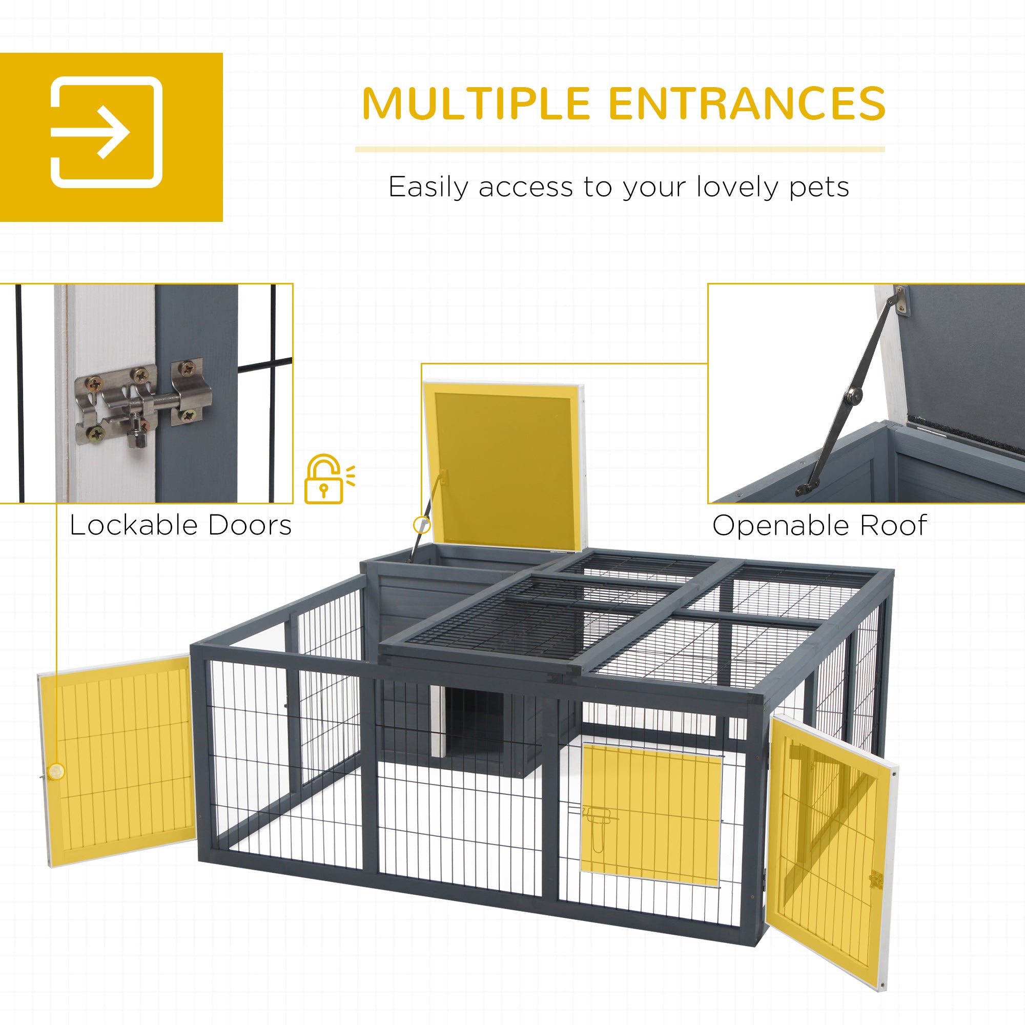 Rabbit Hutch Outdoor, Guinea Pig House, Bunny Run Cage with Openable Top for 1-2 Rabbits, 123 x 120 x 52cm, Grey