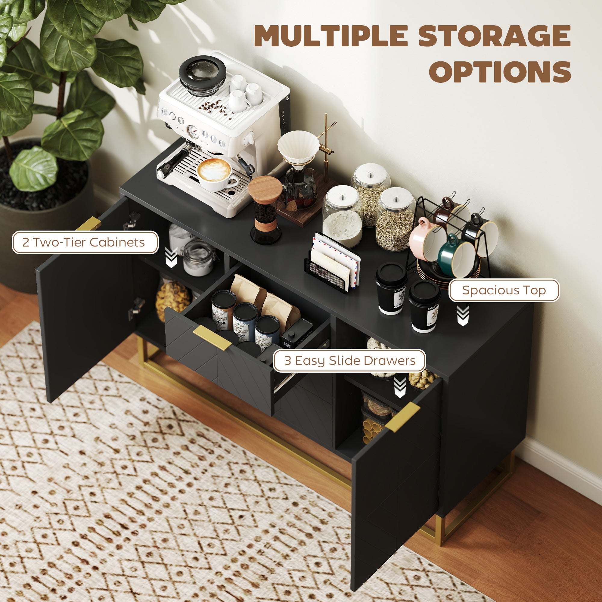 Sideboard with 3 Drawers and Adjustable Shelves for Living Room - Black