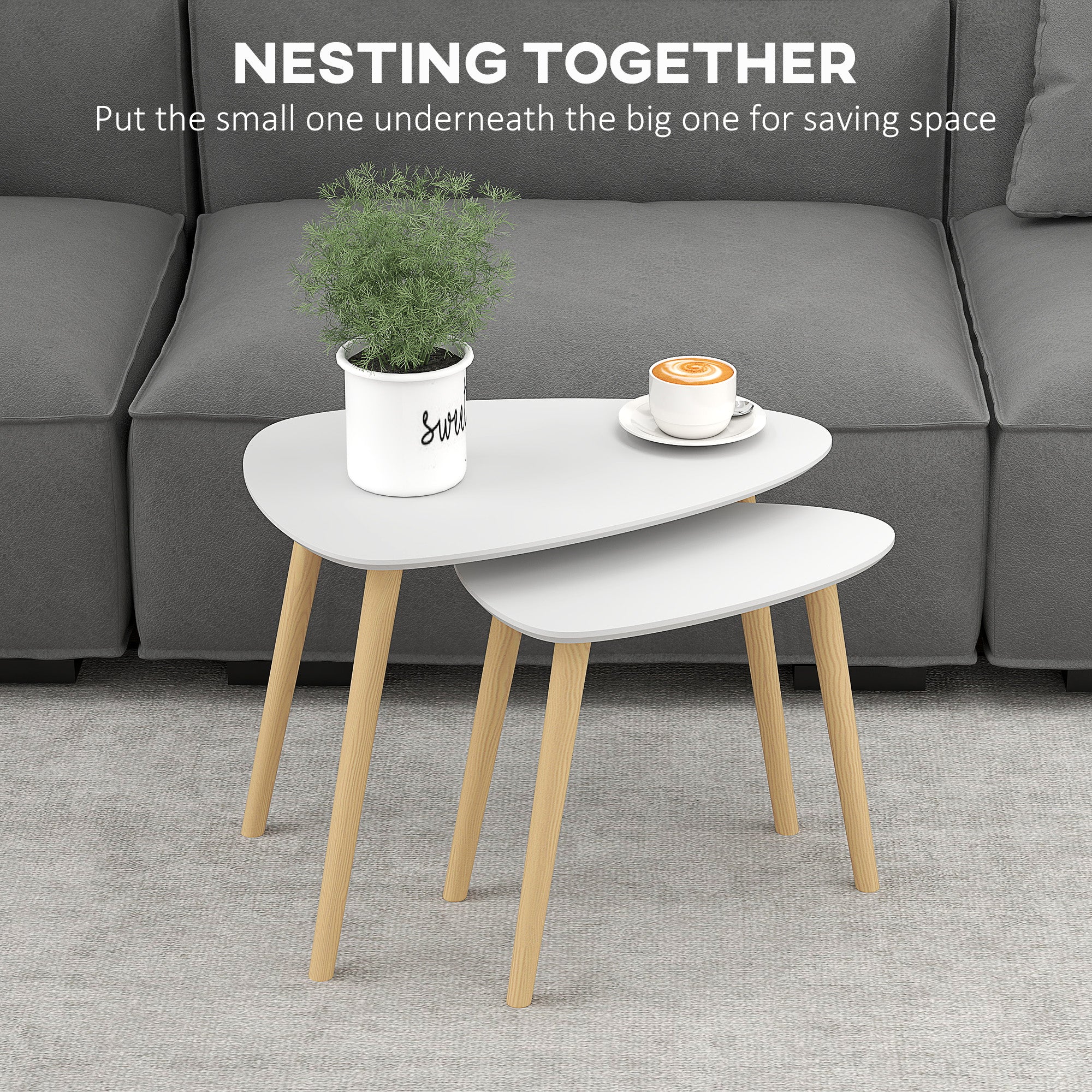 Nesting Coffee Table Set of 2 with Solid Wood Legs - Light Grey