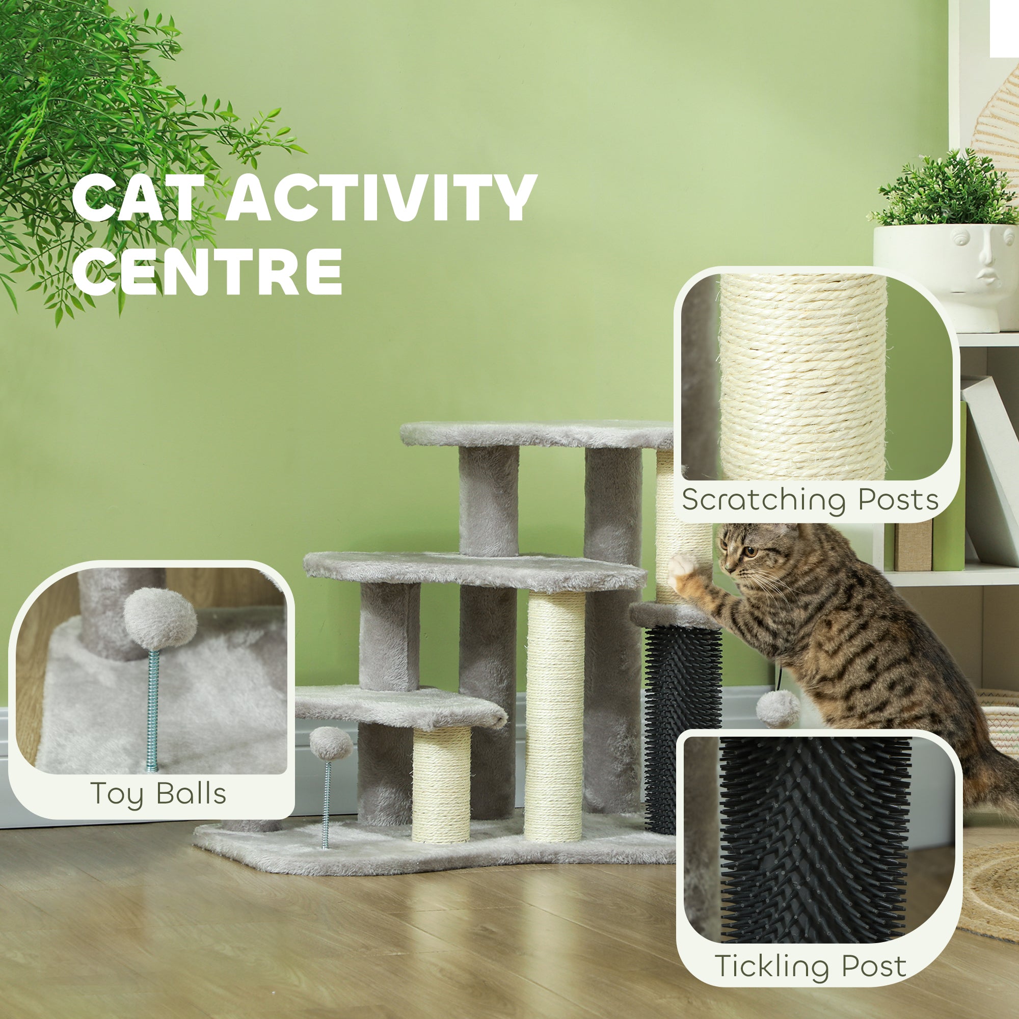 2-in-1 Cat Tree, Pet Stairs w/ Scratching Post, Toy Balls, for Bed, Sofa, Couch, Light Grey