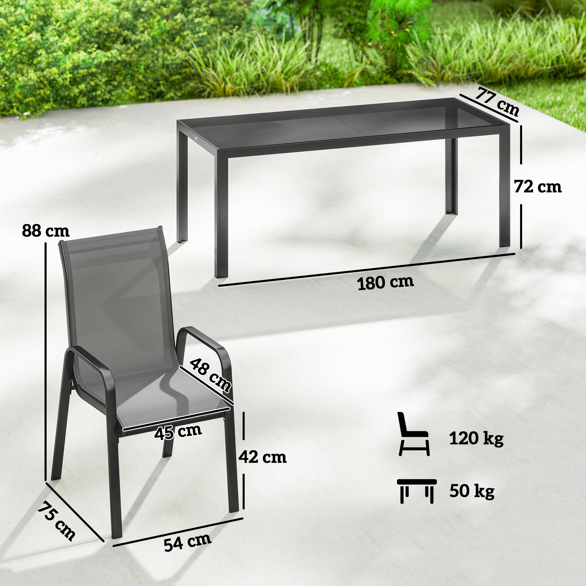 9 Pieces Garden Dining Set, Outdoor Table and Chairs Set for 8, Garden Furniture Set with Tempered Glass Top, Dark Grey