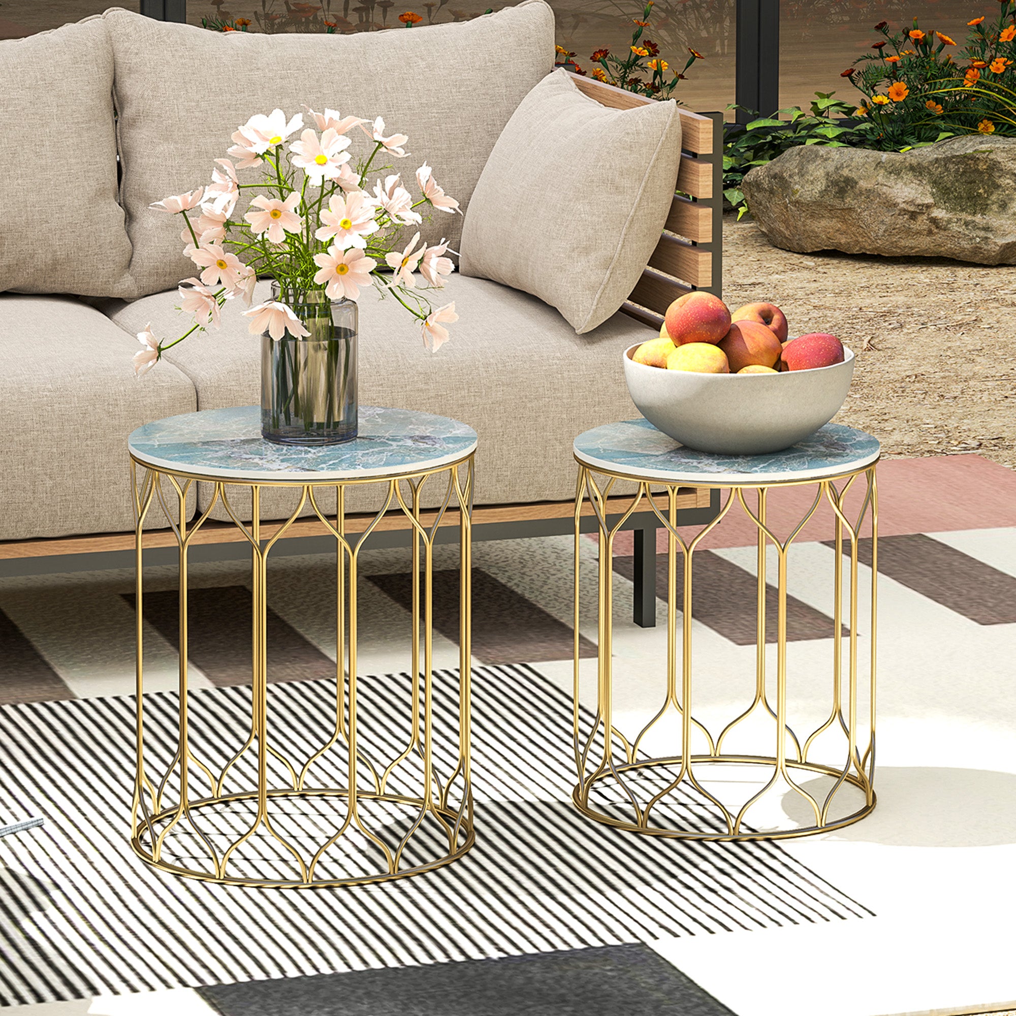 Set of 2 Nesting Garden Side Tables with Ceramic Tile Top Multicoloured