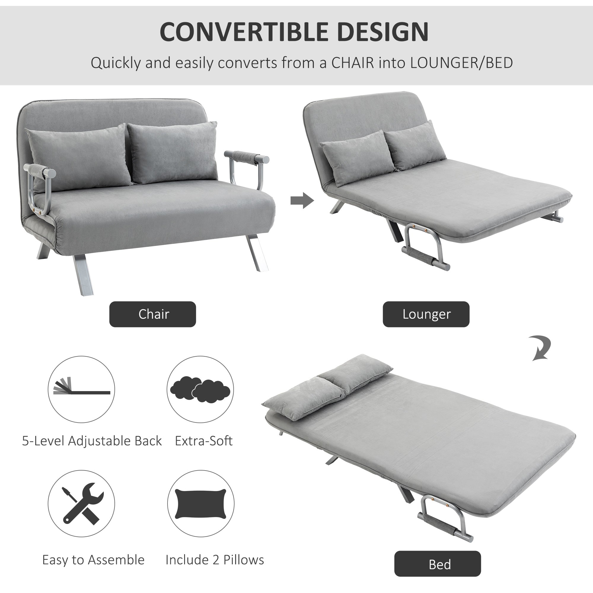 Two-Seater Click-Clack Sofa Bed - Light Grey