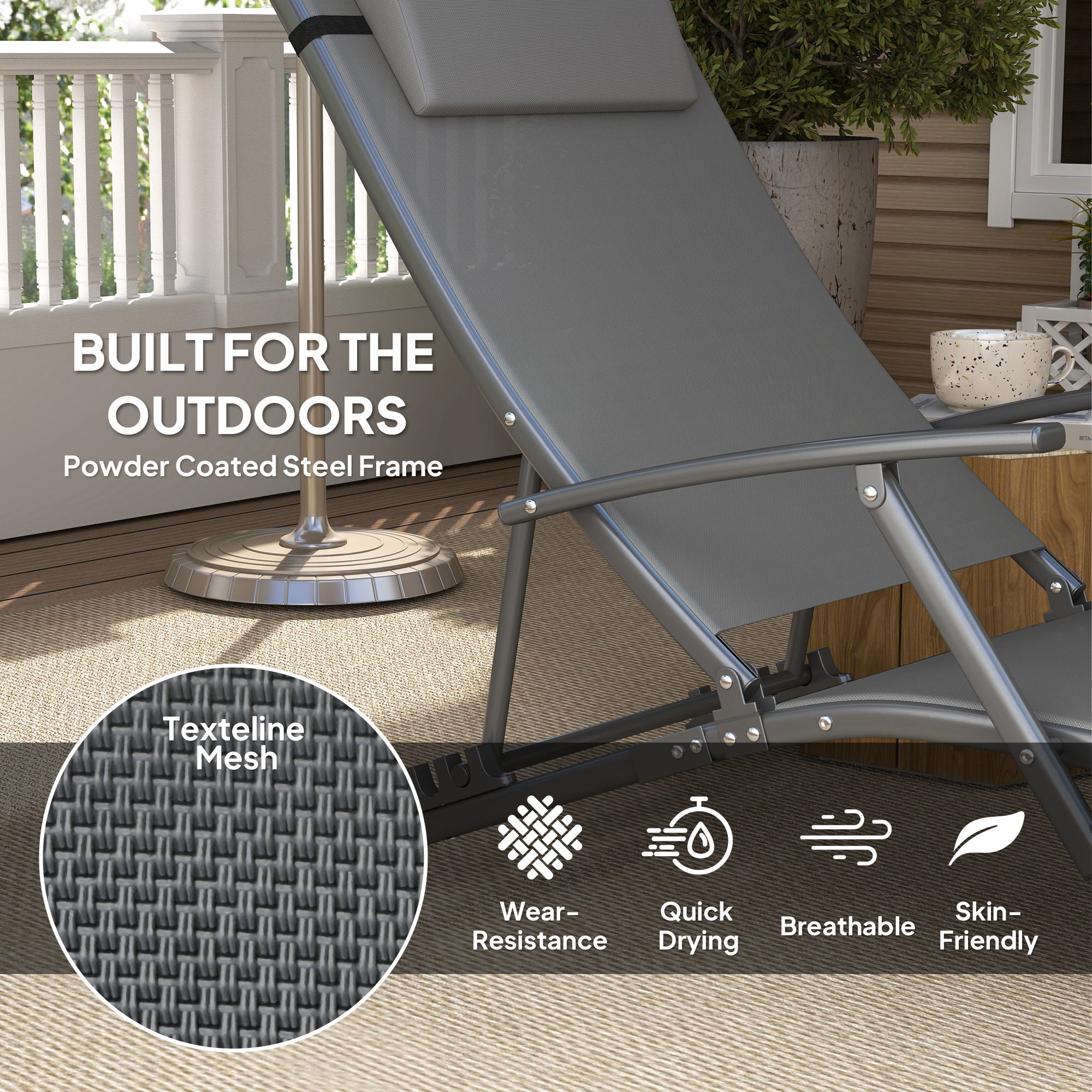 Set of 2 Adjustable Back Sun Loungers with Quick-Dry Mesh - Grey