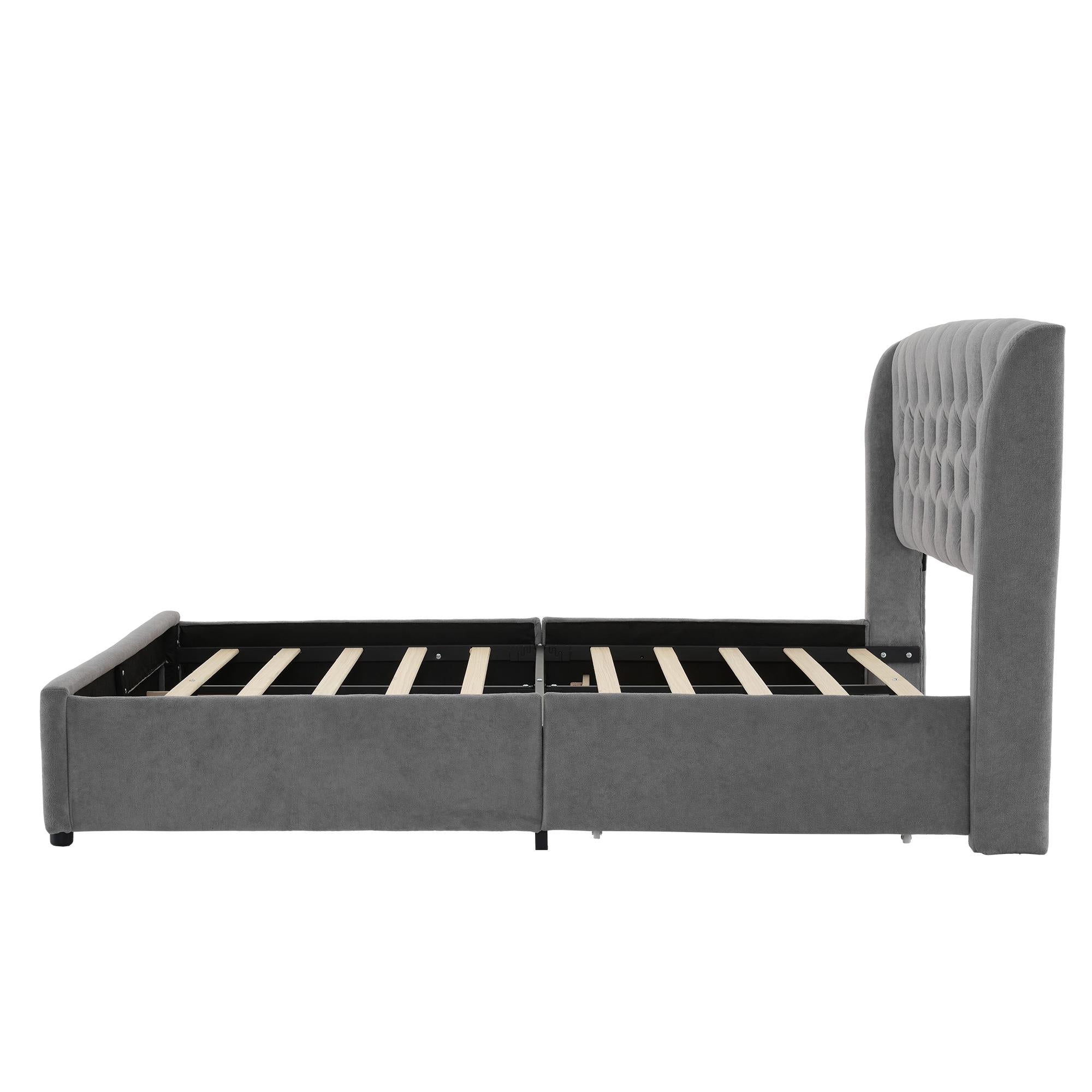 Upholstered Storage Bed with 4 Drawers and Soft Backrest - Gray
