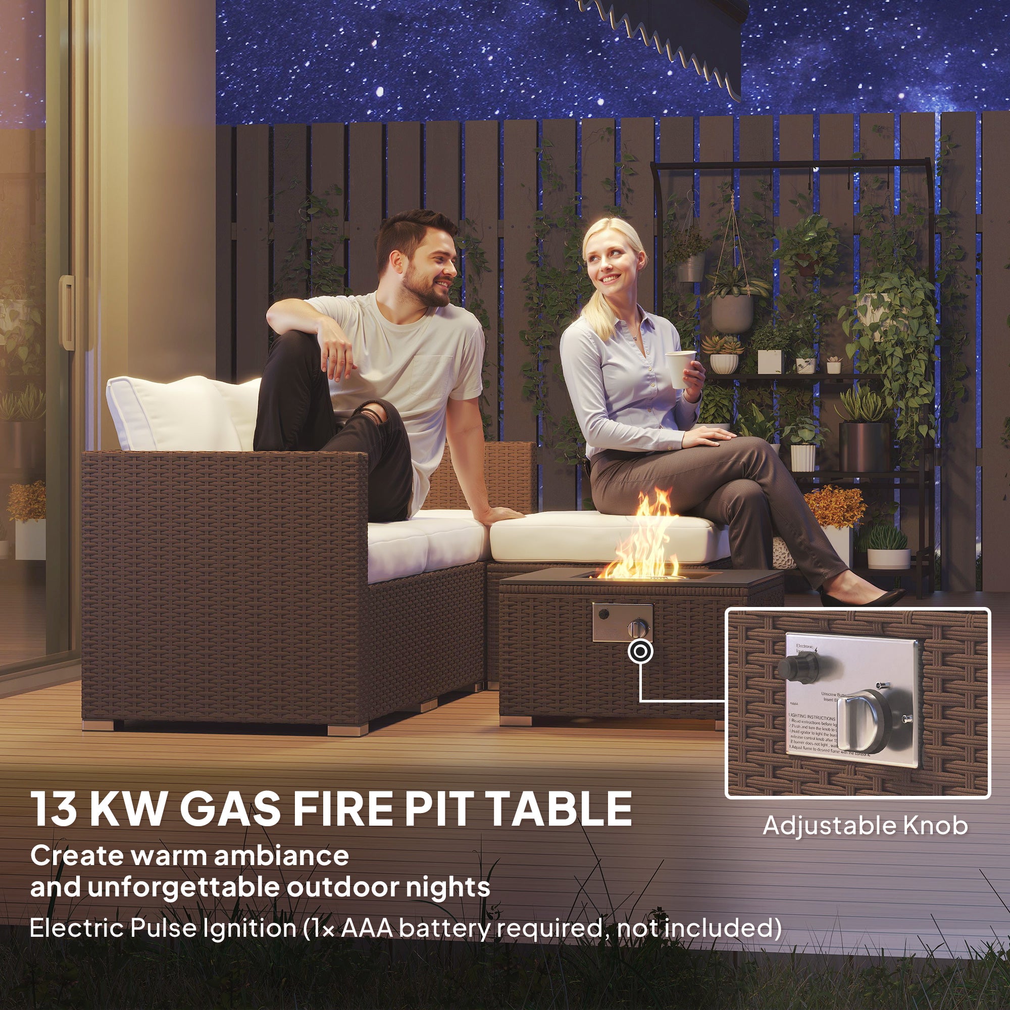 Five Piece Rattan Garden Furniture Set with Gas Fire Pit Table and Footstool - Brown and Cream White