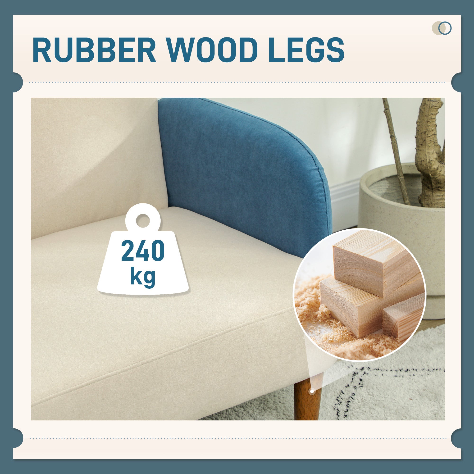 Two-Seater Velvet-Feel Mid Century Sofa - Cream/Blue