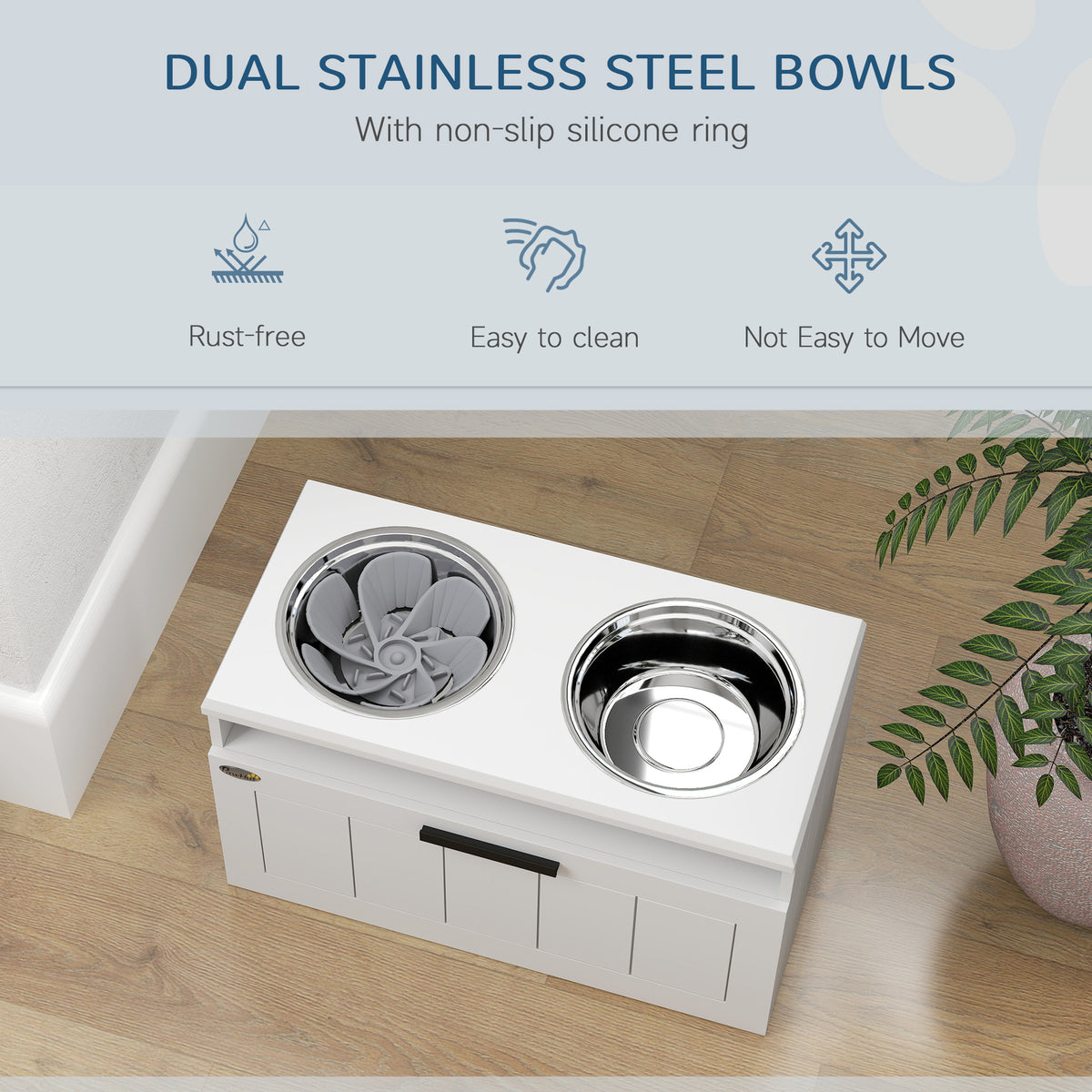 Raised Dog Bowl with Slow Feeder and Drawer, Two Stainless Steel Bowls for Large & Extra Large Dogs - White