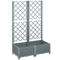 Raised Garden Bed with Trellis, Plastic Planter Box with Drainage Holes, Drain Plugs and Water Reservoirs for Climbing Plants, Vegetables, Flowers, Grey
