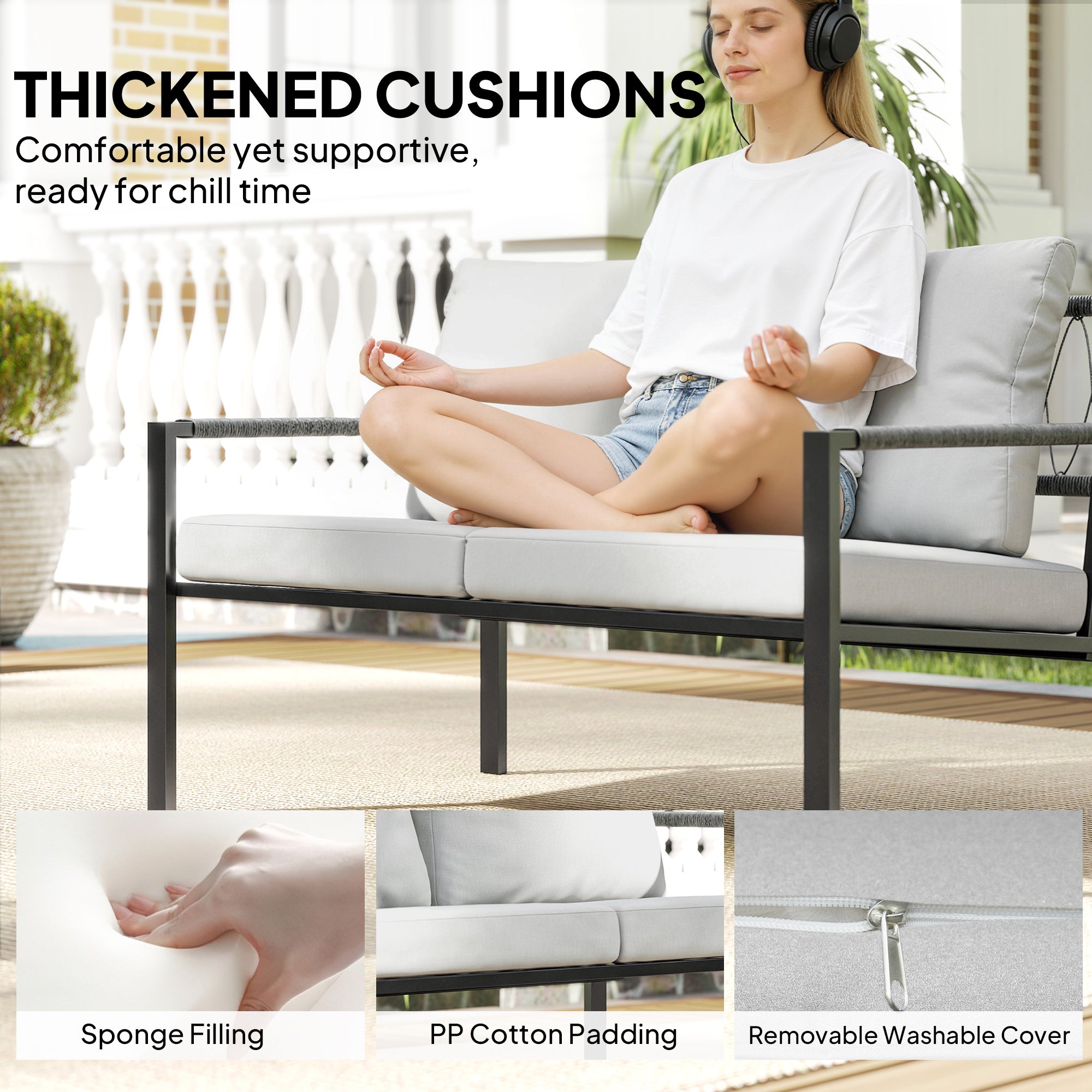 5 Piece Metal Garden Furniture Sofa Set with Thickened Cushions, Loveseat, 2 Armchairs, 2 Coffee Tables, Light Grey