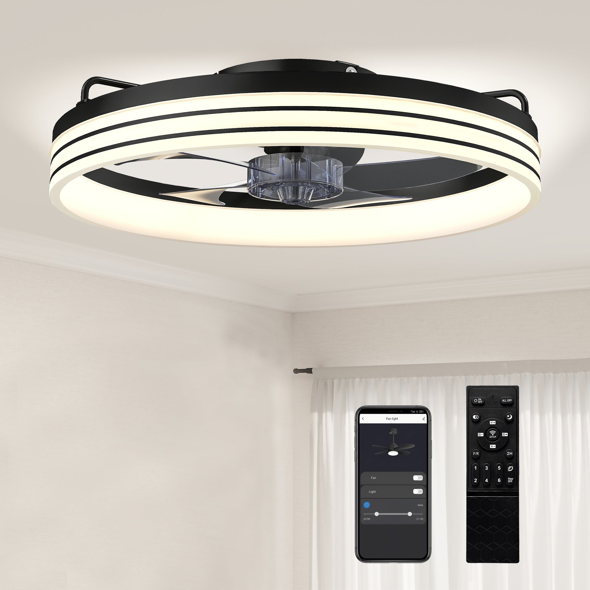 Ceiling Fans with Lights and Remote & App Control, 50cm LED Ceiling Fan Light with 3 Colour Temperatures, 6 Speed, Black
