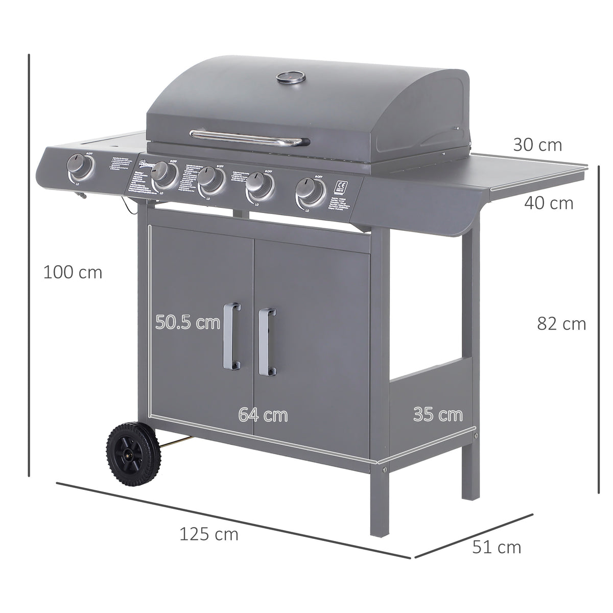 4+1 Burner Gas BBQ Grill Trolley with Wheels, Warming Rack, Side Shelves, Cabinet & Thermometer - Grey