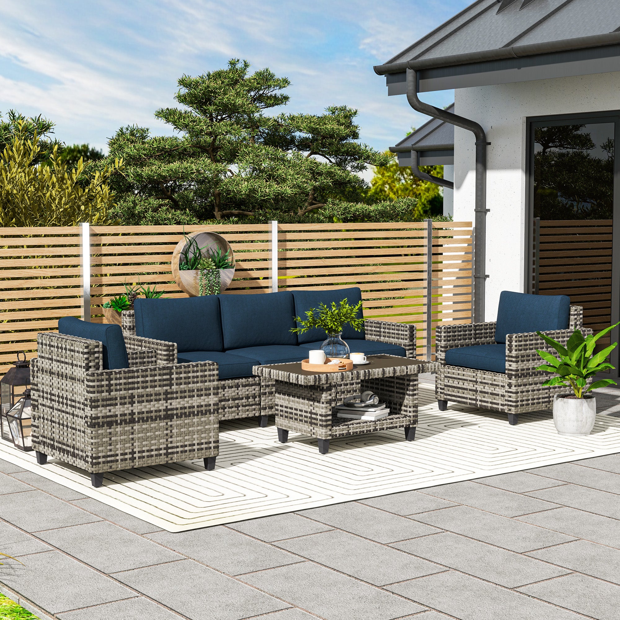 6 Piece Rattan Garden Furniture Set with Cushions and Steel Frame Coffee Table Navy Blue