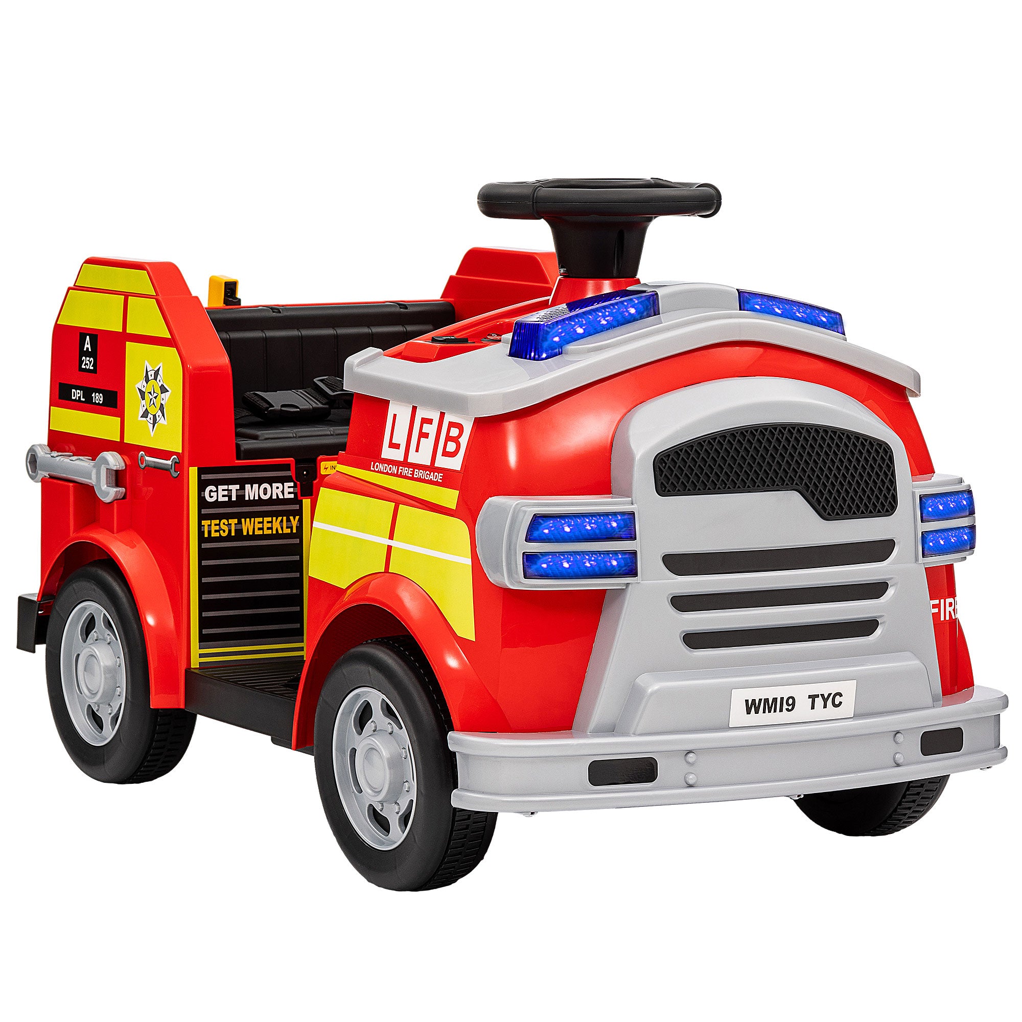 Ride on Fire Truck, 12V Kids Electric Car with Siren and Flashing Lights, Firefighting Tools, Music Horn, Slow Start