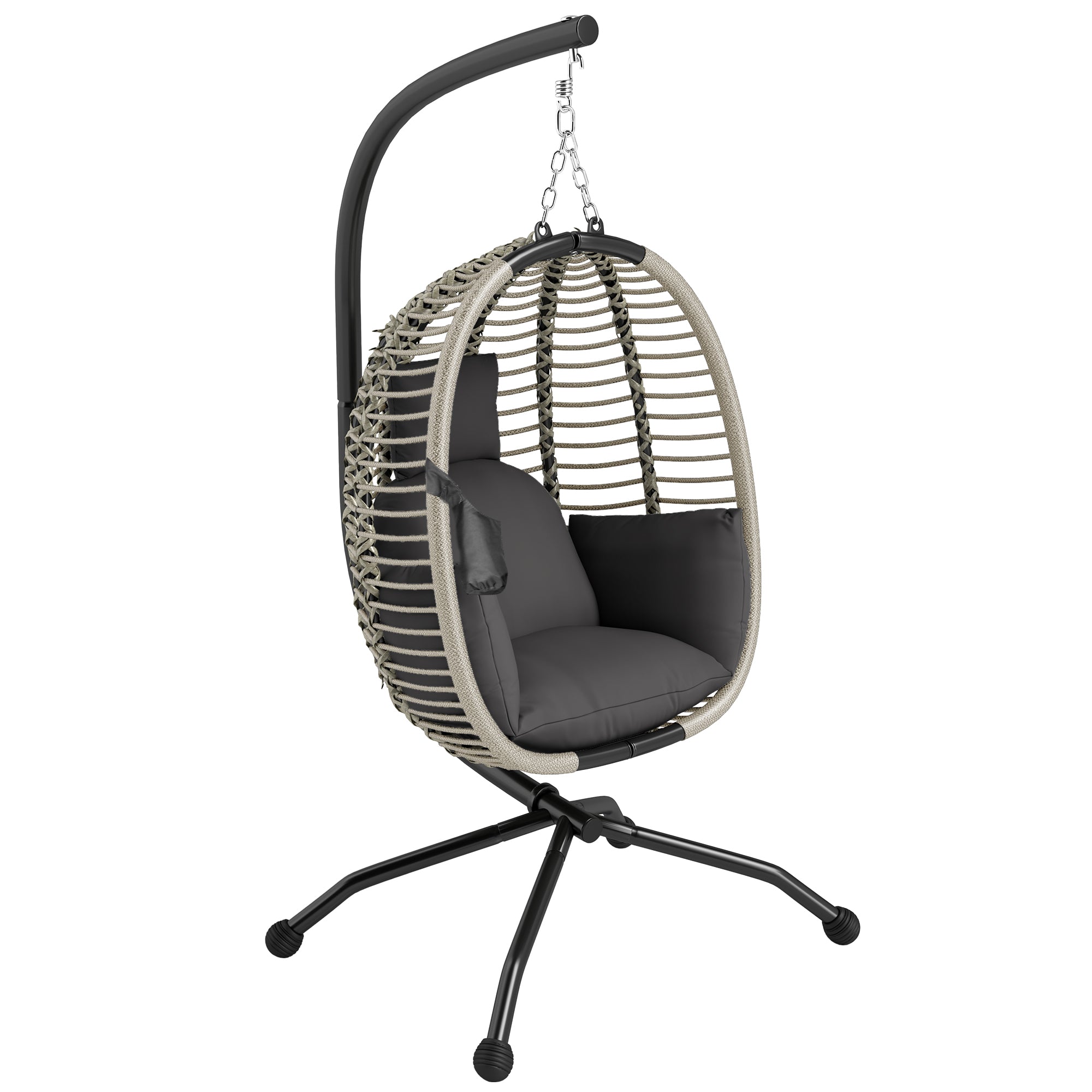 1 Piece Outdoor Hanging Egg Chair with Padded Cushion and Metal Stand Dark Grey