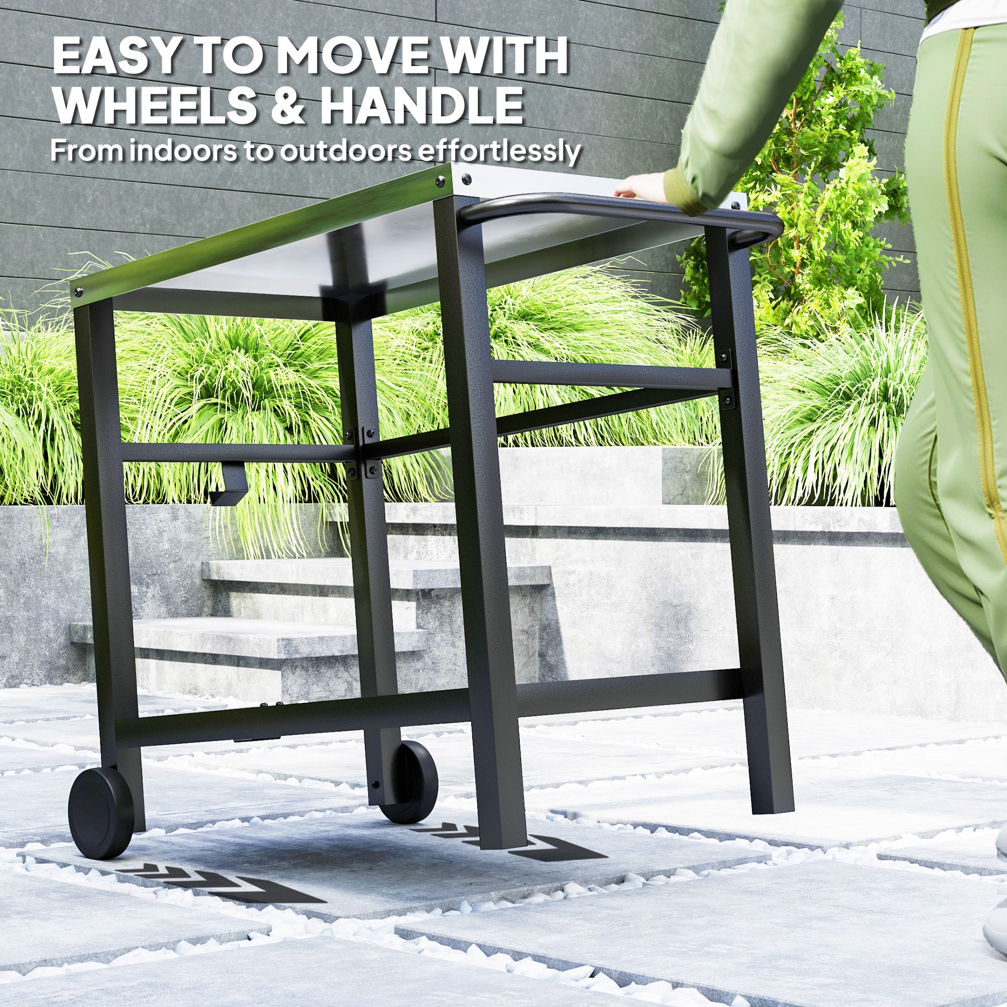Outdoor Grill Dining Cart with 2 Shelves, Stainless Steel Top, Wheels & Hooks - Charcoal Grey