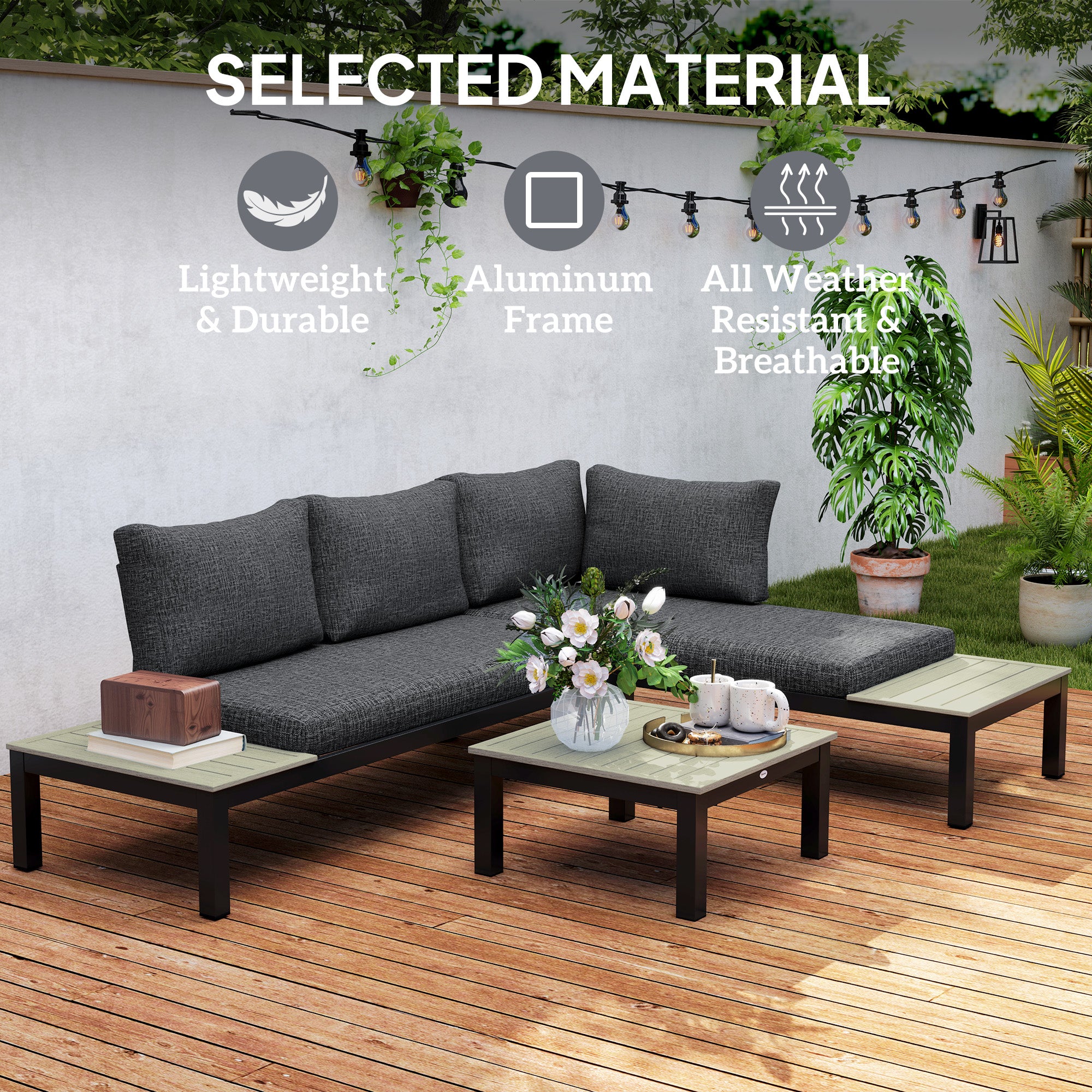3 Piece Aluminium Garden Sofa Set with Cushions - Dark Grey