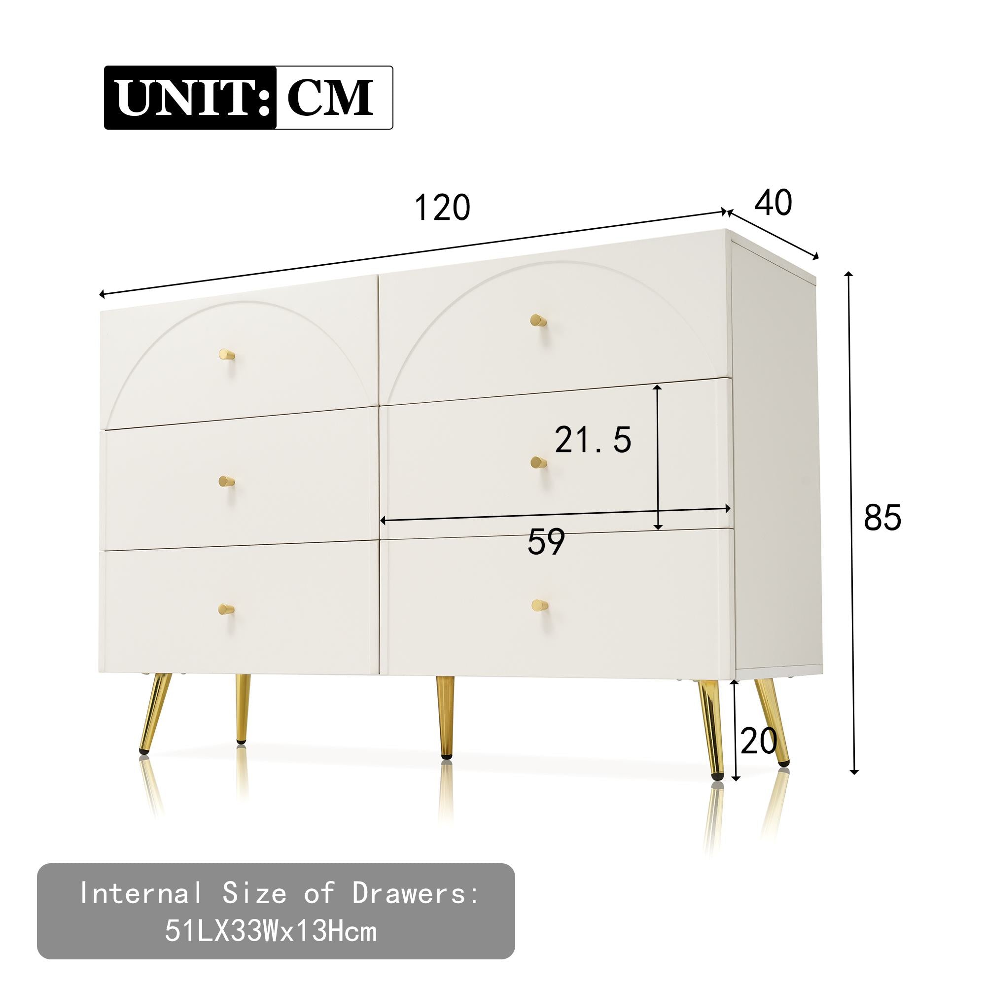 Height Ajustable Sideboard with 6 Storage Drawers, Cabinet with Wood and Metal Construction, 120L x 40W x 85H cm, White