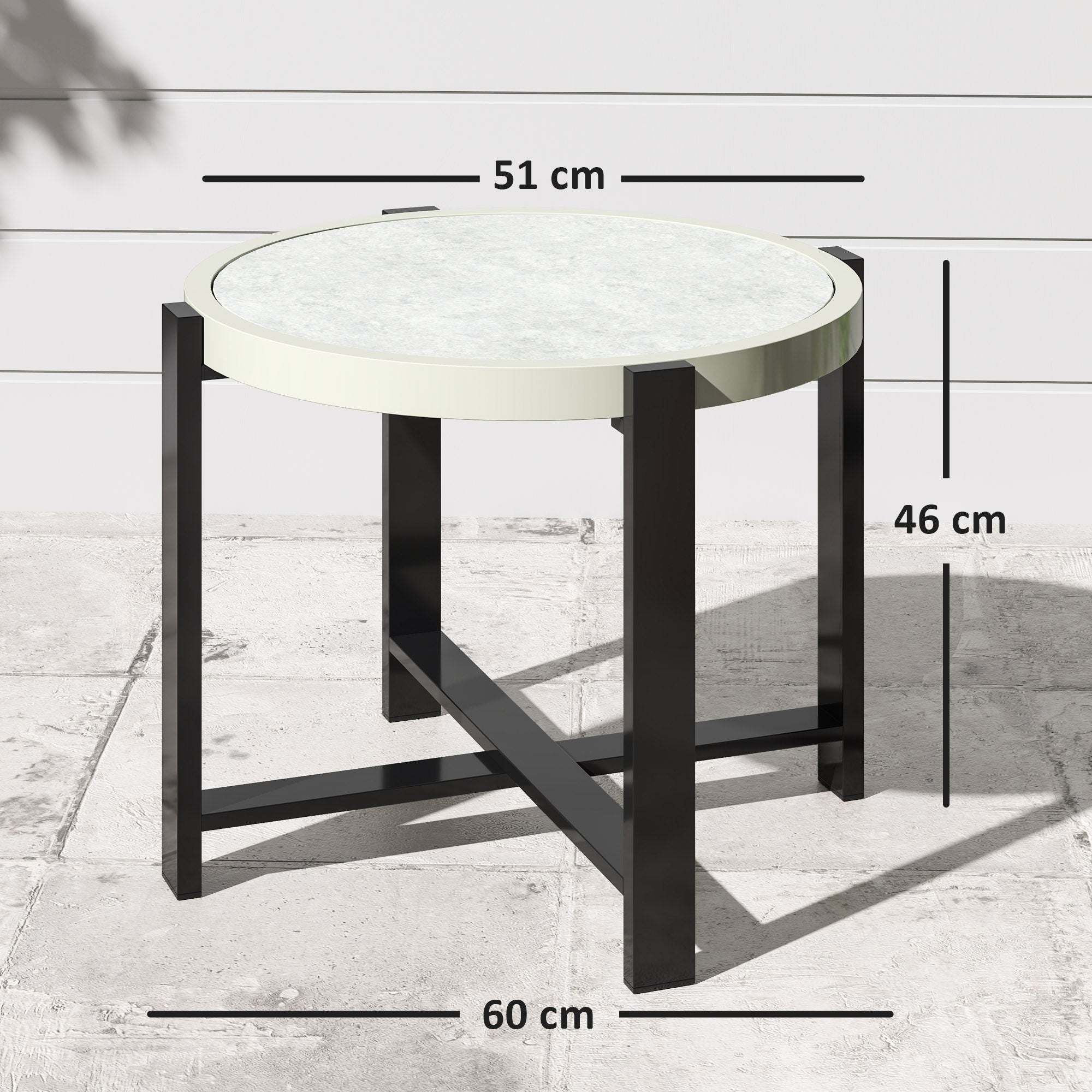 Round Small Garden Table, 60cm Outdoor Side Table with Faux Marble Tempered Glass Top, Aluminium Frame for Garden, Patio, Balcony, Light Grey