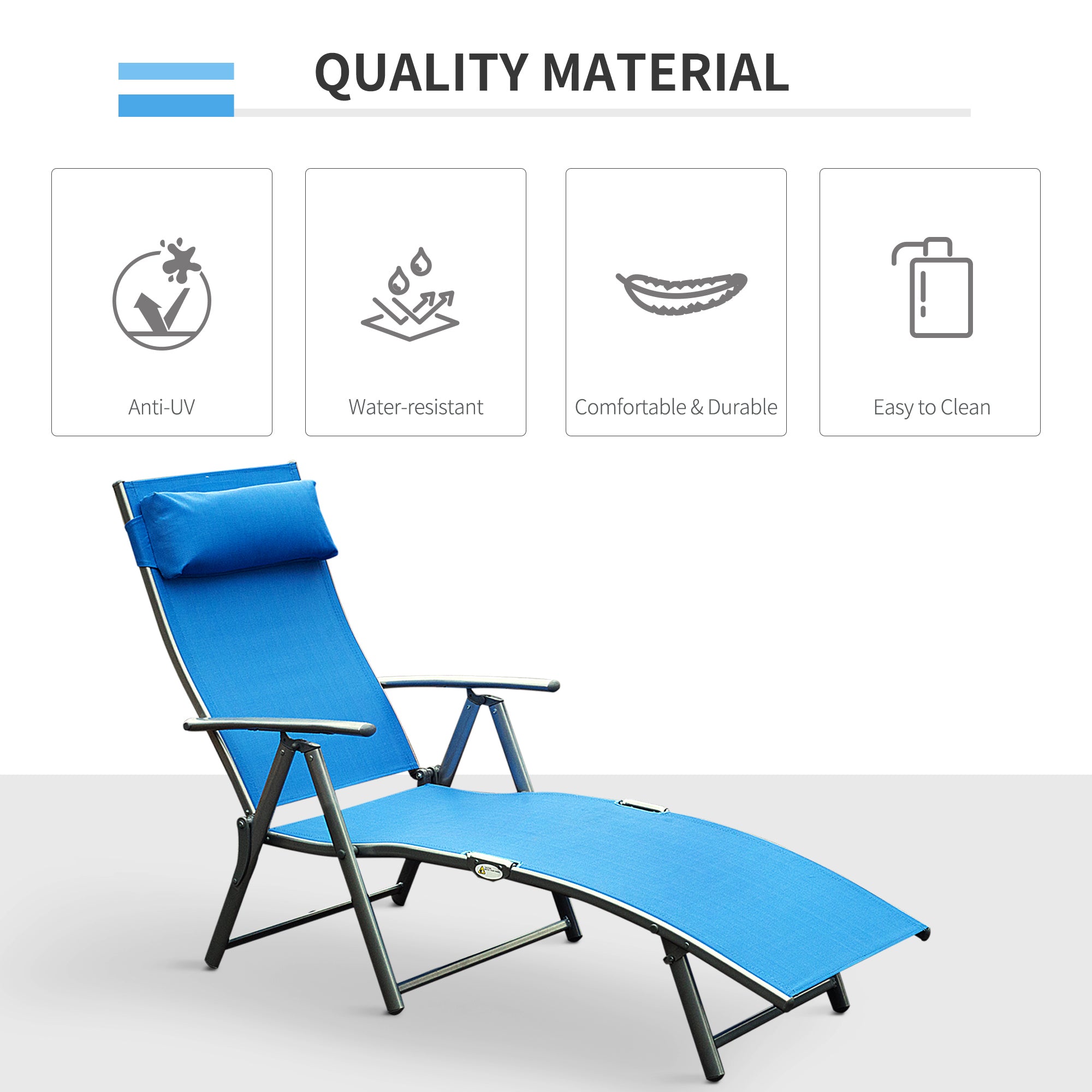 Sun Lounger Steel Frame Outdoor Folding Chaise Texteline Lounge Chair Recliner with Headrest & 7 Levels Adjustable Backrest, Blue