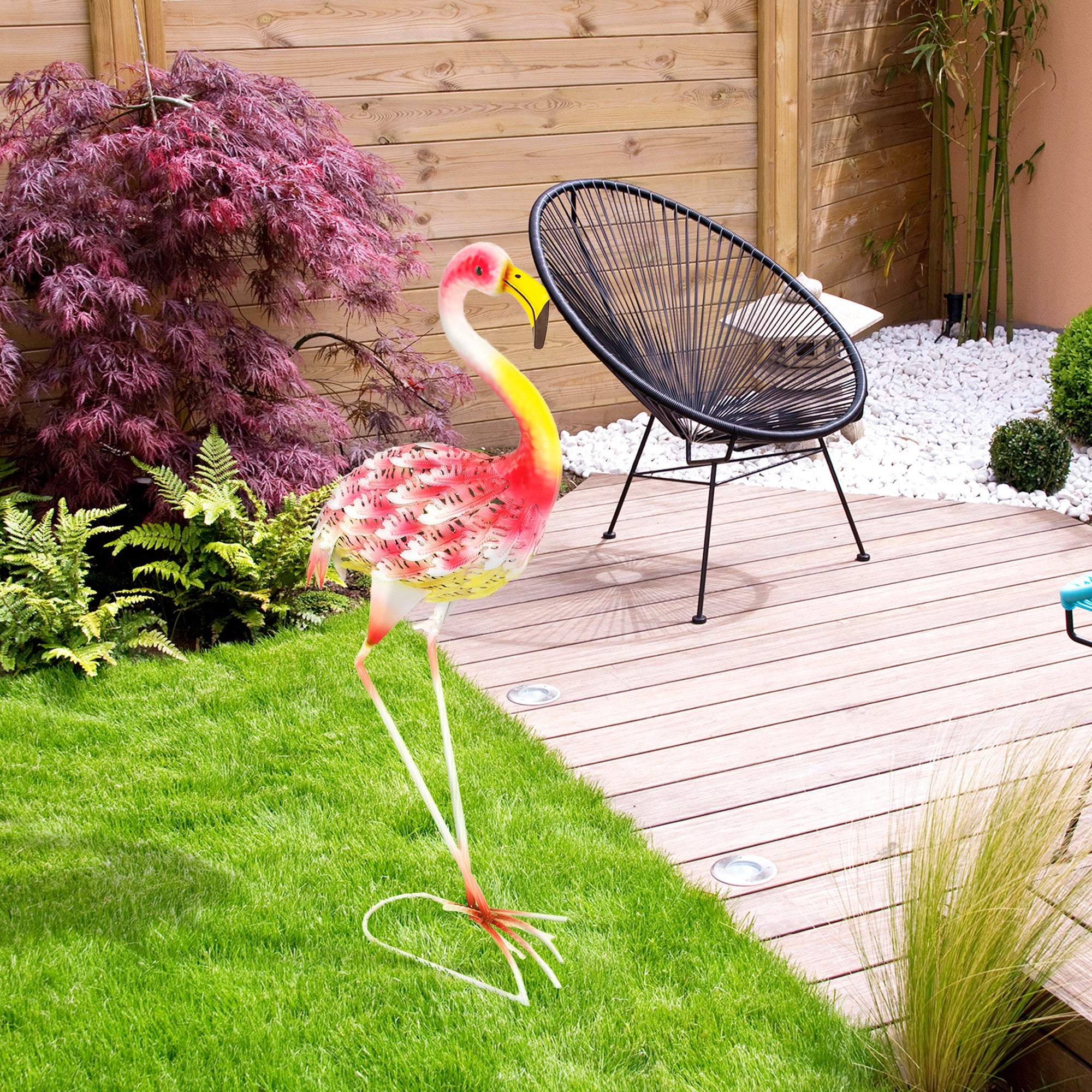 Flamingo Garden Statue Ornament, Metal Bird Art Outdoor Statue, Standing Garden Sculpture Gift with Ground Stakes for Pond Landscape Decoration, Pink